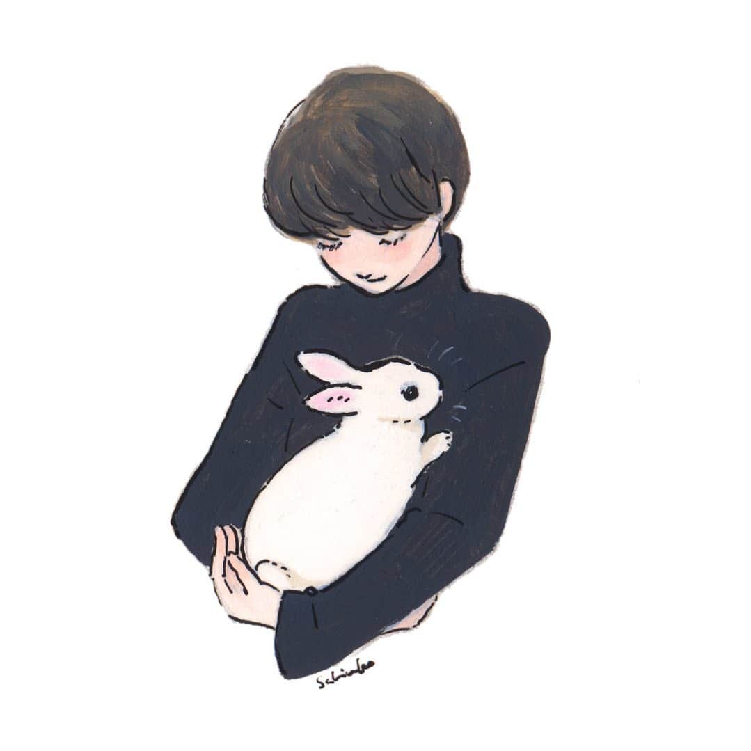 森山標子(しなこ)/Schinakoのインスタグラム：「A white rabbit and a black sweater  白うさぎさんと黒いセーター * #illustration#art#drawing#design#acrylicpaint#アクリル絵の具#rabbit#bunny#うさぎ」