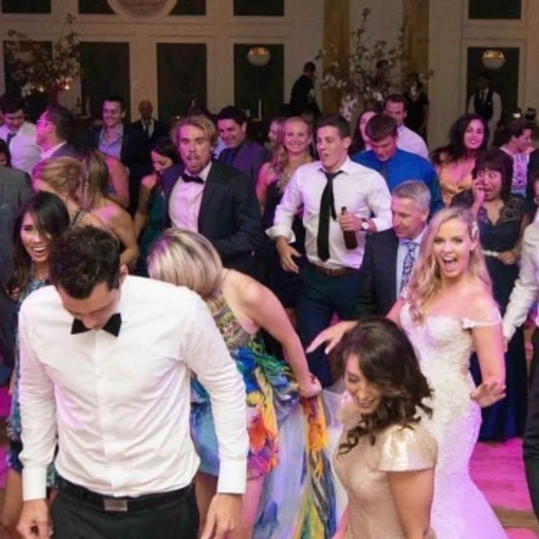 ジェイデン・ハドラーのインスタグラム：「5 years ago. Wow! So many thoughts in one photo 1) Happy anniversary to the bride @breeanna_fox having a blast pictured to the right 2) The concentration on @christiansprenger face performing the Nutbush 3) the 2 legends in the centre bustin a move 4) I met the girl pictured to the left that I was going to be with forever. Little did I know.」