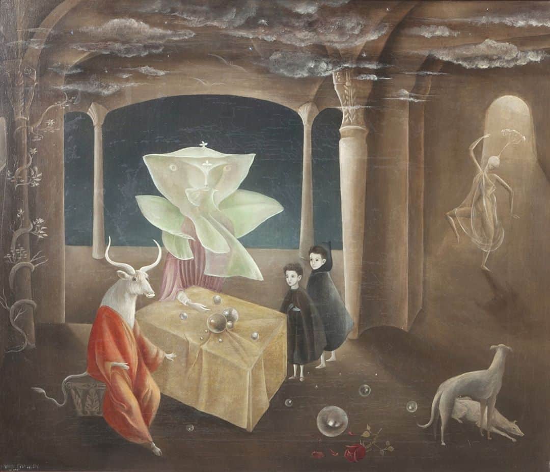 ニューヨーク近代美術館のインスタグラム：「On #WorldMentalHealthDay, engage in a guided visualization of #LeonoraCarrington’s “And Then We Saw the Daughter of the Minotaur,” led by Jackie Armstrong on our Education team, for our Artful Practices for Well-Being audio playlist.  Visualization and mindfulness can be powerful tools for reducing anxiety, increasing awareness, and healing distress; the artist understood that mental wellbeing is inextricably linked to physical health, and that balance is important.  Throughout her life, Carrington struggled with her mental health, at one point being involuntarily committed to an asylum as grief over her lover Max Ernst’s internment at a prison camp caused a severe decline in both her mental and physical health.  Carrington was ultimately able to use her art to process and heal. As she writes in her memoir, “There are things that are not sayable. That’s why we have art.”  Start listening at the link in our bio. #ArtfulPracticesforWellbeing --- [Leonora Carrington. “And Then We Saw the Daughter of the Minotaur.” 1953. Oil on canvas. © 2020 Leonora Carrington / Artists Rights Society (ARS), New York]」