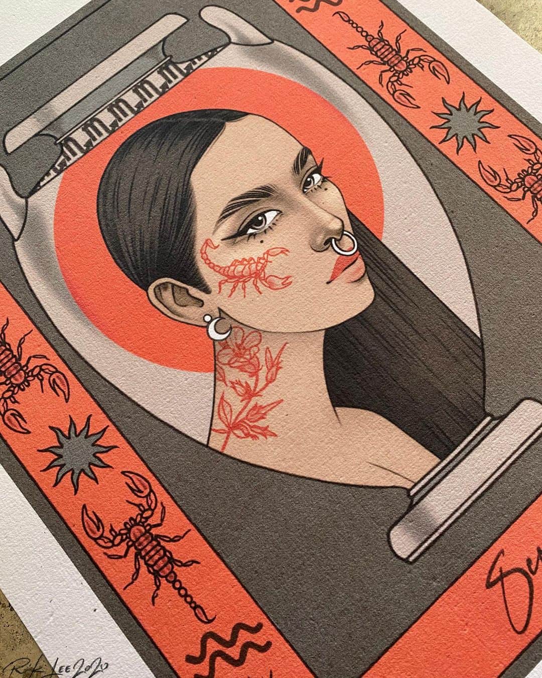 Rik Leeのインスタグラム：「A few snaps of Scorpio. I’m really enjoying putting this Zodiac series together.  . Prints available now for anyone interested. Links in my bio. . #riklee #illustration #zodiac #starsigns #zodiacsigns #scorpio #tattoo #art #vase #drawing #design」