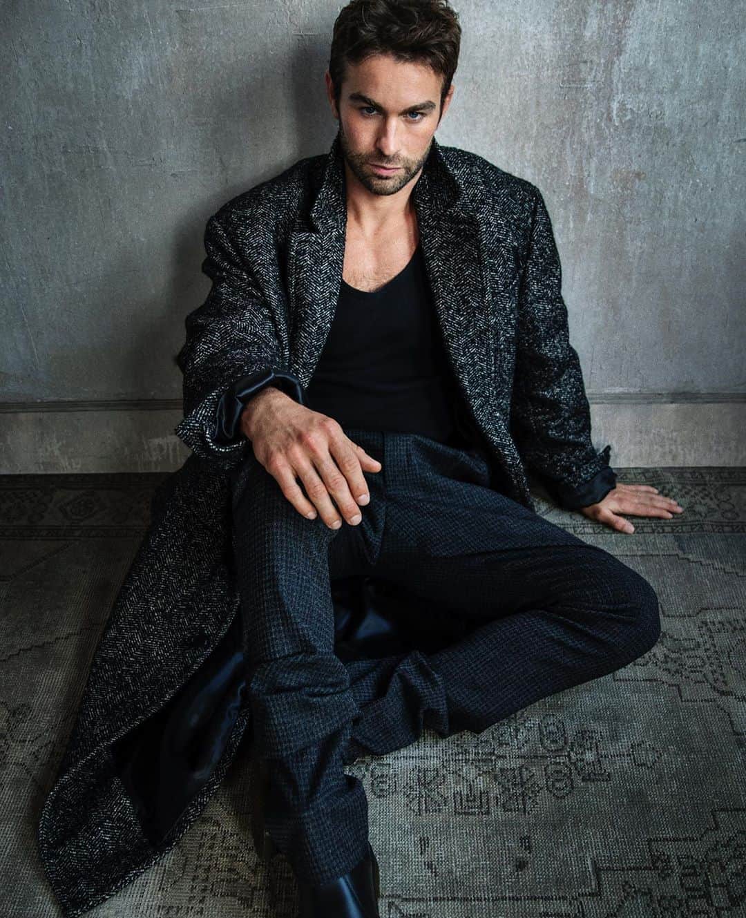 ニコラ・フォルミケッティのインスタグラム：「🖤@chacecrawford for @vman 🖤 Photography: @douginglish  Fashion: @nicolaformichetti  1.Chace wears pants @canali1934 / coat @coach / boots @drmartensofficial / top stylist’s own 2.Chace wears all clothing @giorgioarmani / watch Pasha de @cartier  3.Chace wears all clothing @msgm」