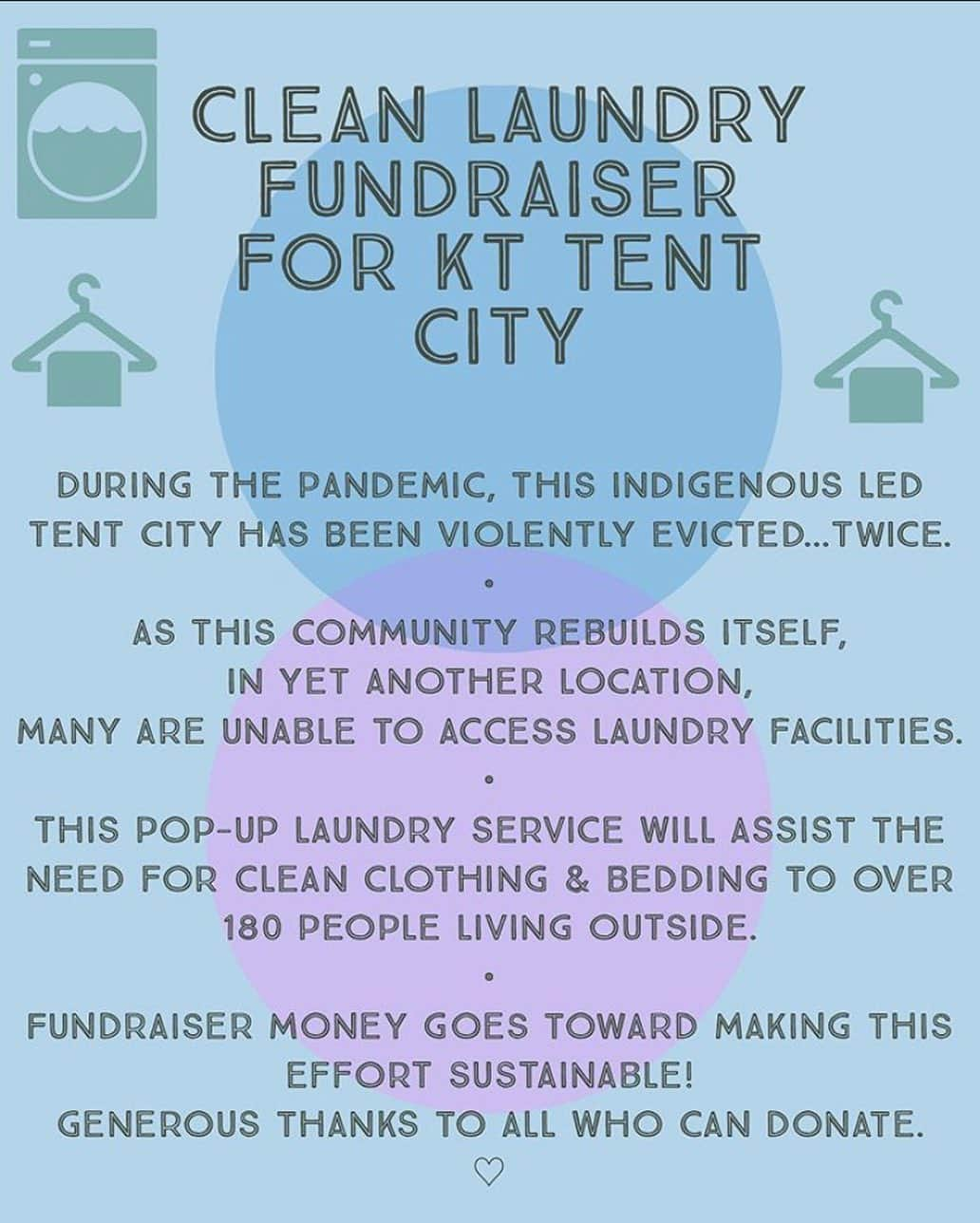 ケイティー・フィンドレーのインスタグラム：「Hi sweet friends: ⠀ Little fundraiser bump this week for the laundry service at KT. As the weather gets colder/wetter, it means a lot for folks to have clean, dry clothes. Tent living is tough during a Vancouver winter. Since this graphic was made, the number of residents at camp has grown to 400. We have been and continue to be deeply appreciative of your help, especially in such an uncertain time. Please know that your contributions are what make this service possible. ♥️  Donation link in @maxchadburn ‘s bio, and I’ll throw one up in my highlights as well.」