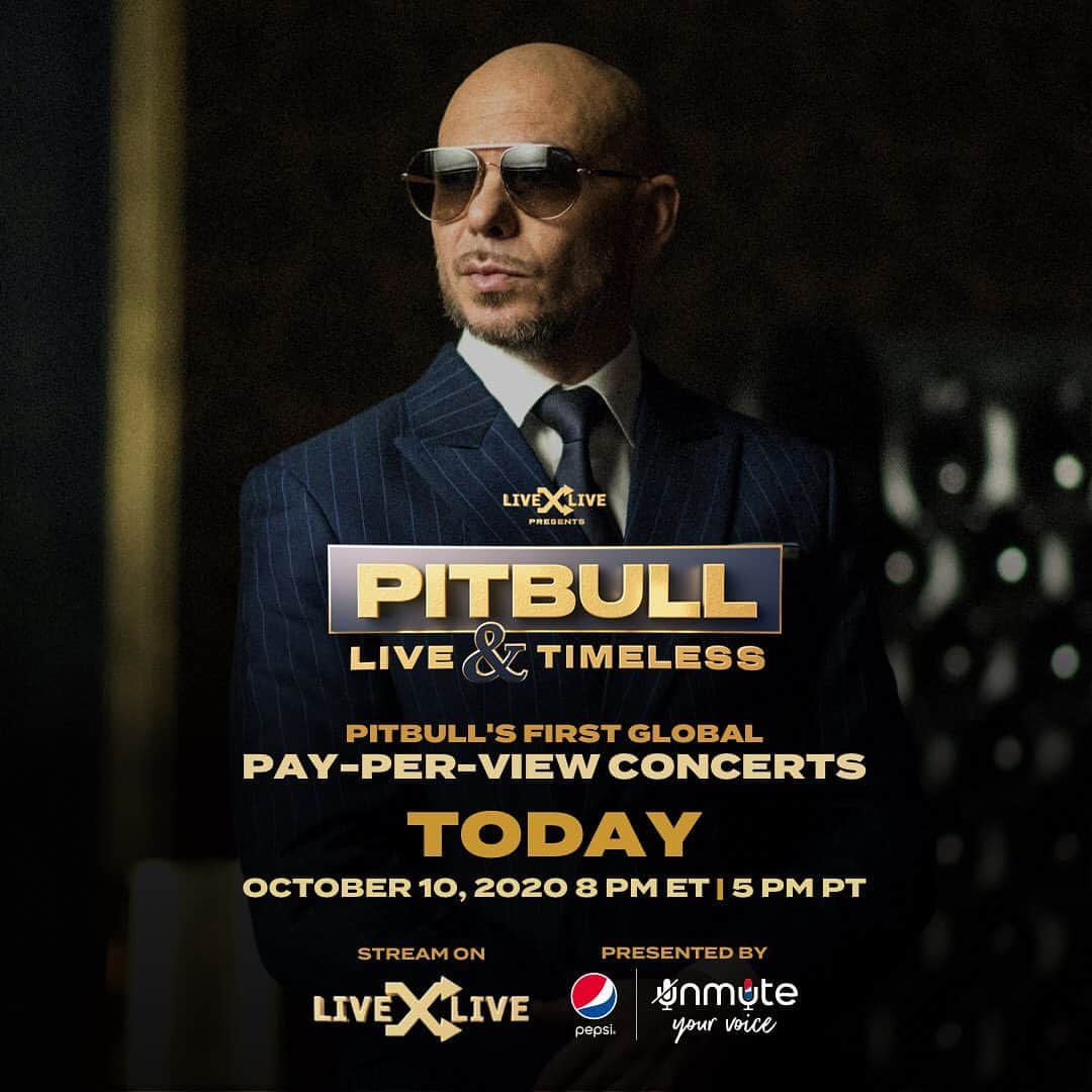 ピットブルのインスタグラム：「TONIGHT! Pitbull Live & Timeless: The first-ever global live streaming event by yours truly at 8PM EST. Tickets are available now at LiveXLive.com/Pitbull @livexlive @themostbadones @theagents @pepsi #PitbullLiveAndTimeless」