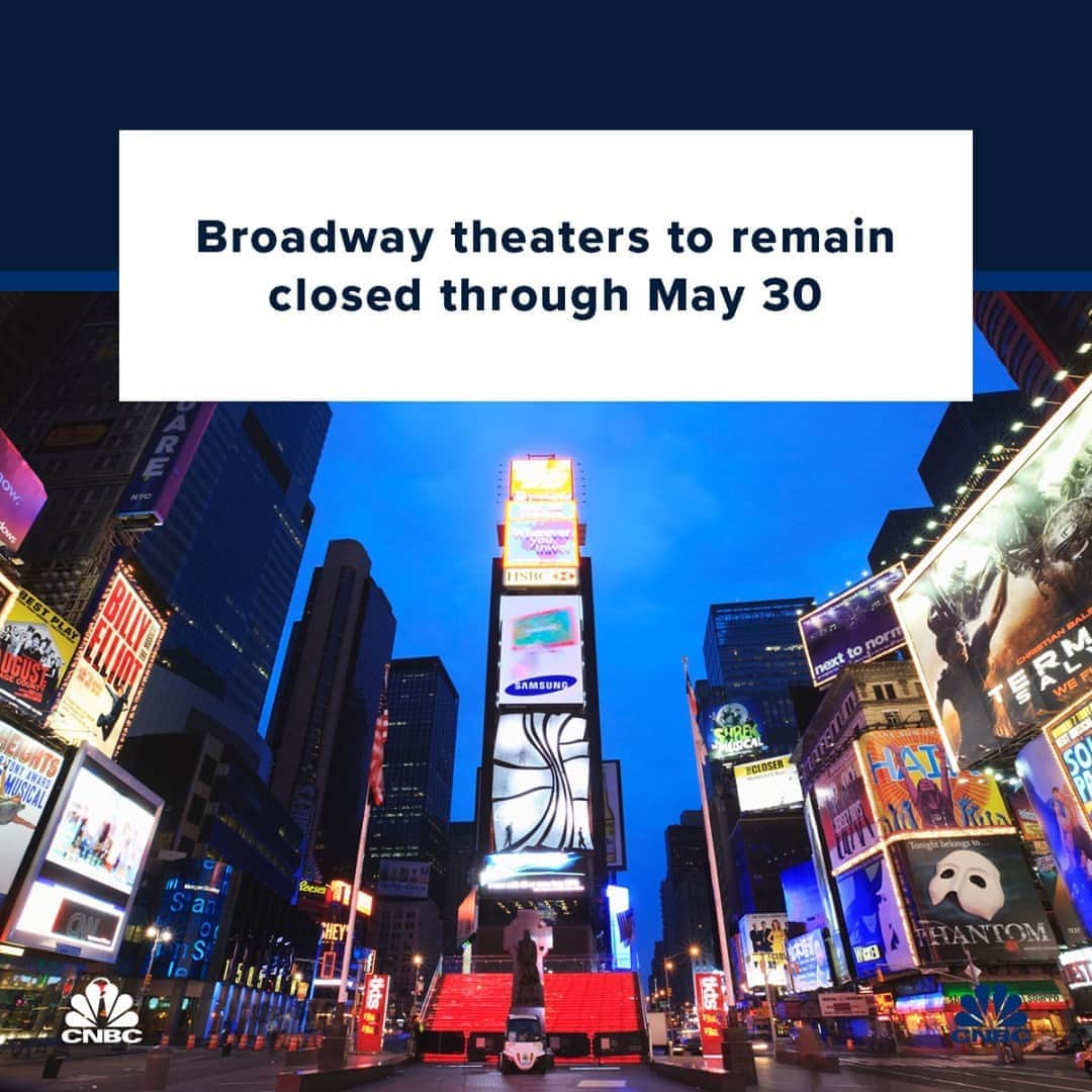 CNBCさんのインスタグラム写真 - (CNBCInstagram)「The show won't be going on –– Broadway theaters will remain closed through May 30. ⁠ ⁠ People holding tickets through that date are advised to contact their point of purchase for refunds or exchanges. Broadway has been closed since March 12, and it’s unclear when theaters will resume operations.⁠ ⁠ During the last Broadway season — from May 28, 2018, to May 26, 2019, — shows tallied more than $1.83 billion in ticket sales, marking its highest-grossing season in history, according to an annual report published by the Broadway League. The league has not released the numbers for the 2019-2020 season, which would have ended in May, but we know that Broadway snared only around $300 million in ticket sales in 2020 before shuttering.⁠ ⁠ More details at the link in bio.」10月11日 6時45分 - cnbc