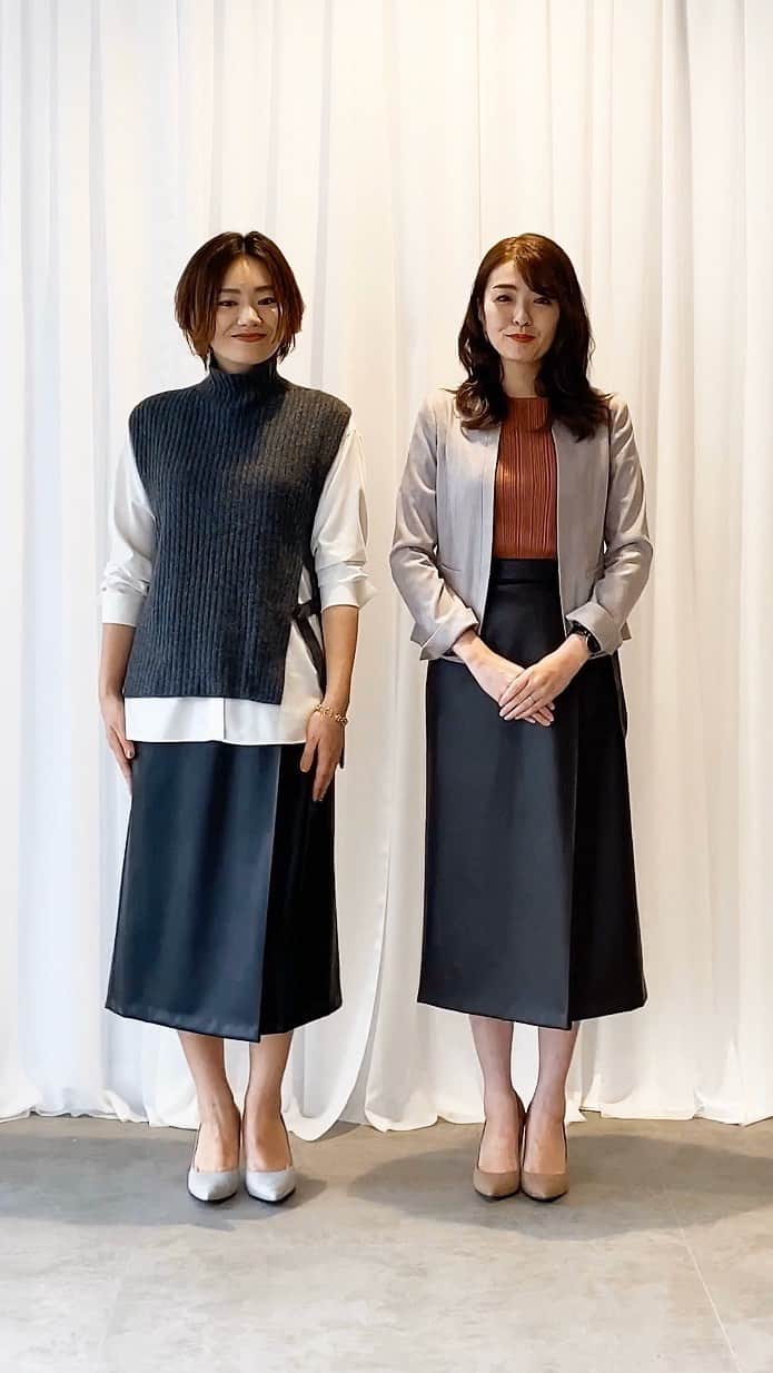 cdec_official Aesthetic Senseのインスタグラム：「SHOP STAFFがお届けする トレンドのフェイクレザースカートの着こなし術！！ . 右 サガミさん 165cm 左 タケコシさん 166cm . ◆右 サガミさん着用アイテム . 【フェイクレザースカート】‪187-79053‬ ¥18,700（税込） size:34.36.38.40号 color:ブラック.ダークブラウン . 【フェイクスウェードノーカラージャケット】‪187-49956‬ ¥28,600（税込） size:34.36.38.40号 color:ダークブラウン.ナチュラル.ライトブルー.ダークネイビー . 【ランダムリブニット】‪187-89053‬ size:38号 color:ホワイト.ブラック.キャメル.オレンジブラウン . ◆左 タケコシさん着用アイテム . 【フェイクレザースカート】‪187-79053‬ ¥18,700（税込） size:34.36.38.40号 color:ブラック.ダークブラウン . 【ニットベスト】‪187-19028‬ ¥15,400（税込） size:38号 color:ホワイト.チャコールグレー.ベージュ . 【バンドカラーブラウス】‪187-89053‬ ¥17,050（税込） size :38.40号 color:ホワイト.ブラウン.ベビーピンク . . オンラインストアはこちら ↓ https://store.world.co.jp/s/brand/coup-de-chance/   . .  #COUP DE CHANCE #クードシャンス #ショップスタッフ #ドレッサー #ファッション #ファッションコーデ #スタイリング #コーディネート #接客 #バーチャル #おしゃれコーデ #冬コーデ #ニットベスト #トレンド #おそろコーデ #着まわし #着まわしコーデ」