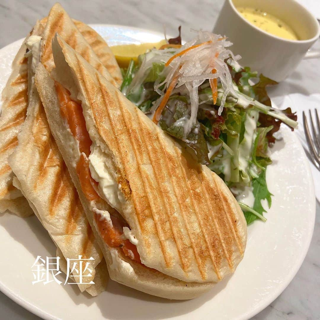 あろえグルメのインスタグラム：「🐬NOA CAFE 銀座店🌱 食べログ3.61 銀座 ． よく目に入ってたから入ってみた〜👏 ワッフルもすごく美味しそうだったけど、ご飯として食べたかったからこれにした！！ パンがもちっとしてるのにまわりさくさくで美味しかった🥺店内も可愛かった🥺🥺 中にはサーモンとクリームチーズがはいってまーす🐶💖 サクッと食べるのにいいなぁっておもったー！ つぎはワッフル食べてみたい💡🌸🐿 ．  #東京グルメ#東京観光#カフェ#洋食#instagood#fff#lfl#インスタ映え #表参道カフェ#渋谷グルメ#東京カフェ巡り#焼肉#恵比寿グルメ #グルメ#グルメスタグラム#三軒茶屋カフェ#吉祥寺カフェ#六本木#西麻布#六本木ディナー#コース料理#銀座グルメ#食べログ #表参道グルメ#グルメ好きな人と繋がりたい#ノアカフェ銀座店 #ワッフル#フォロー返し#ノアカフェ#パニーニ」