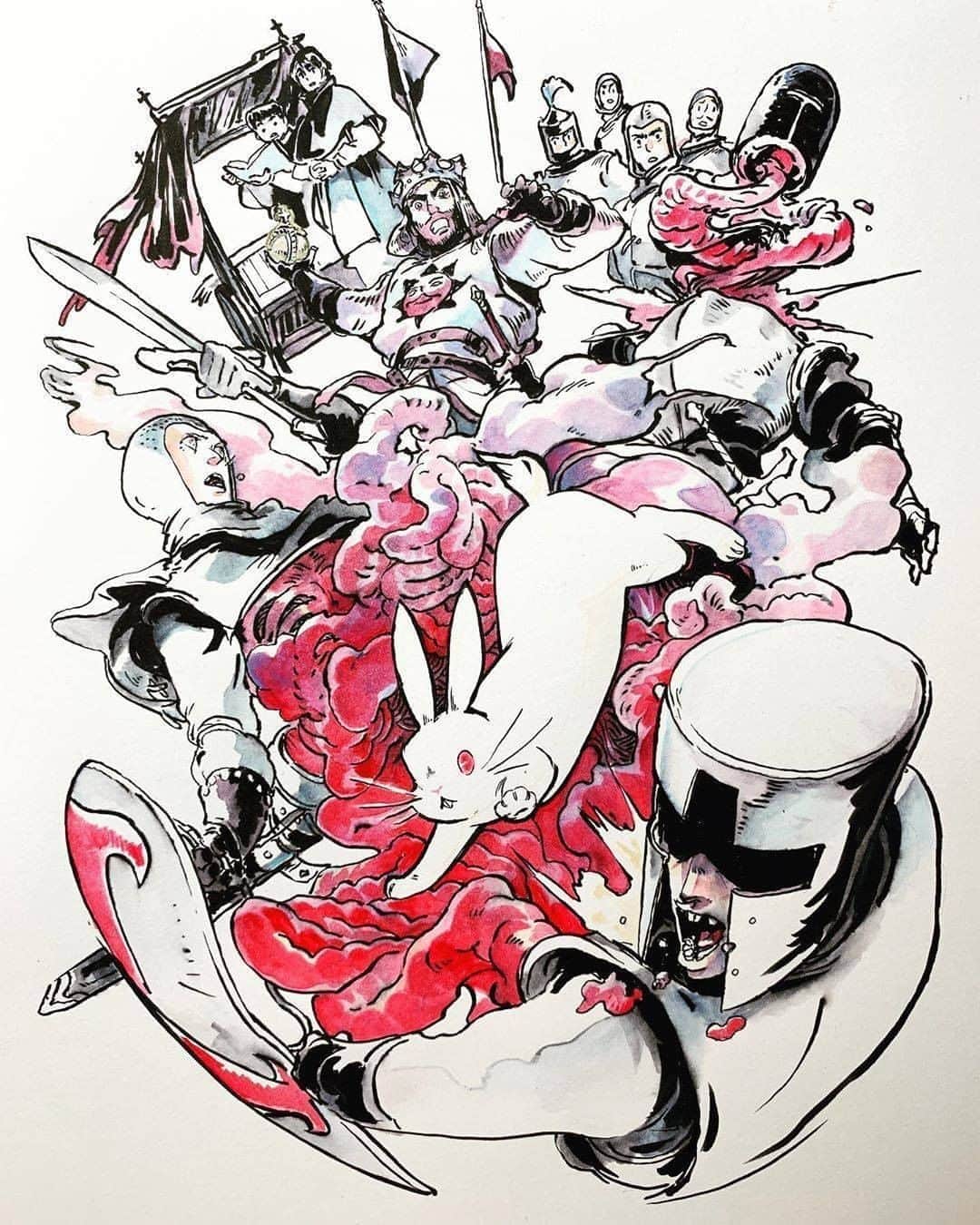 のインスタグラム：「🤴🏻🐇💣Inktober D6-10  「かじる（げっ歯類）、空想、歯、投げる、希望」が1枚の絵に描かれています！それぞれのお題がどのように描かれているのかを探すのが楽しい…！ 主線に二本立てかぶら（55号）、着色に顔彩耽美を使用頂きました🎨  Rodent, Fancy, Teeth, Throw, Hope Bryce always draw amazing artwork and it really great!! You could see coloring process at @brycekhodraws  account!.  Art by: @brycekhodraws  Made with:  1. ZIG INKTOBER SPECIAL SET - くれ竹筆ぺん二本立かぶら(55号)/ KURETAKE FUDE PEN ”NIHON-DATE KABURA” (No.55) 2. 呉竹 顔彩耽美／KURETAKE GANSAI TAMBI  #kuretake_inktober #kuretake #kuretakezig #kuretakebrushpen #zigmangaka #finelinerart #finelinerdrawing #inkart #inkdrawing #inktober2020 #inktober #呉竹 #インクトーバー #インクトーバー2020 #gansaitambi #gansaitambiwatercolor #顔彩耽美 #inktober2020rodent #inktoberday6 #inktober2020fancy #inktoberday7 #inktober2020teeth #inktoberday8 #inktober2020throw #inktoberday9 #inktober2020hope #inktoberday10」
