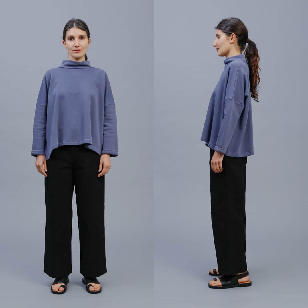 のインスタグラム：「The ALPHA60 Zaina Sweat is a staple style with high neckline and wide, oversized silhouette. Finished with wide set neckline and rolled cuff detail. Cut from a sporty terry cotton. This style is an everyday layering piece.」