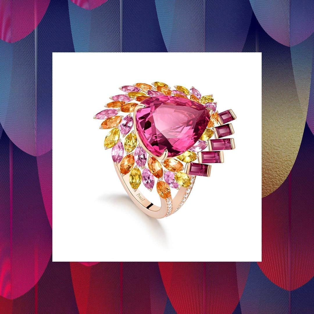 ピアジェさんのインスタグラム写真 - (ピアジェInstagram)「𝑹𝒊𝒄𝒉 pinks, 𝒘𝒂𝒓𝒎 gold, 𝒃𝒓𝒊𝒈𝒉𝒕 yellow, the #PiagetWingsOfLight Rainbow Jungle ring is a stylisation of the beautiful golden hour setting over the #Piaget jungle. This 𝒖𝒏𝒊𝒒𝒖𝒆 creation is set with a beautiful pear-shaped pink spinel, surrounded by sapphires, tourmalines, spessartites and diamonds. - #PiagetHighJewellery #DiamondRing #PearShapedDiamond」10月11日 22時00分 - piaget