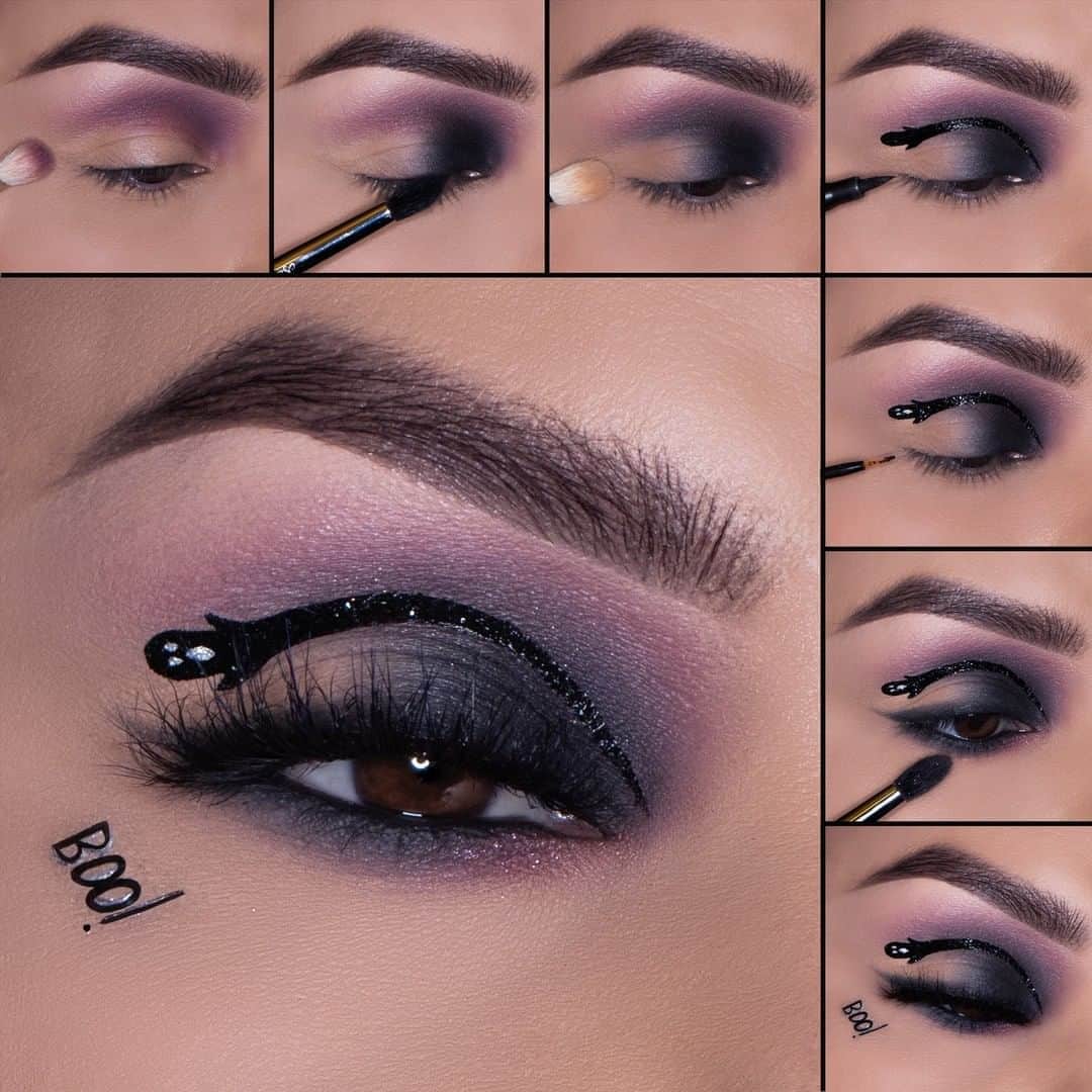 Motives Cosmeticsさんのインスタグラム写真 - (Motives CosmeticsInstagram)「Who else is ready for HALLOWEEN👻?! See how @ElyMarino created this BOO-tastic eye look.  Get the look with our STATIC Palette: 1.Begin by blending “Wrecked” into the inner corner of the crease and blend out into the eyebrow but keeping the darkest of the color in the crease and in the first half of the eye. 2.Taking “Void” on a smaller fluffy brush apply the inner part of the eye and blend out stoping about halfway onto the lid.  3.Using “Control” (Boss Babe Palette) blend on to the outer corner of the eye and overlapping slightly where dark and light meet. 4.Begin by drawing your Ghost by lining the crease with “Luxe Precision Liner” starting in the inner corner of the eye and as you move outward outline the head and arms. 5.Using “Motives glitter glue” and “Diamond” glitter draw the eyes and mouth Using a small detailed brush! Add “Ignite” glitter to the rest of your ghost. 6.Apply a soft liner by using “Void” shadow to the top lash line. Line the lower lash line with “LBD gel liner” and smudge out using “Void” shadow. And applying “Wrecked” onto the inner corner of the lower lash line with “Extravaganza” over top. 7.For some added fun, take “Luxe Precisión Liner” and draw the word “Boo!”. 8.Apply @linazunigamakeup's Mink Lashes in style "Chelsea". . . . . . #motivescosmetics #motives #makeup #beauty #makeupartist #mua #girlboss #entrepreneur #beyourownboss #eyemakeup #eyetutorial #halloweenmakeup #halloweenmakeuptutorial #halloweenmakeuplooks #gtl #getthelook」10月11日 23時00分 - motivescosmetics
