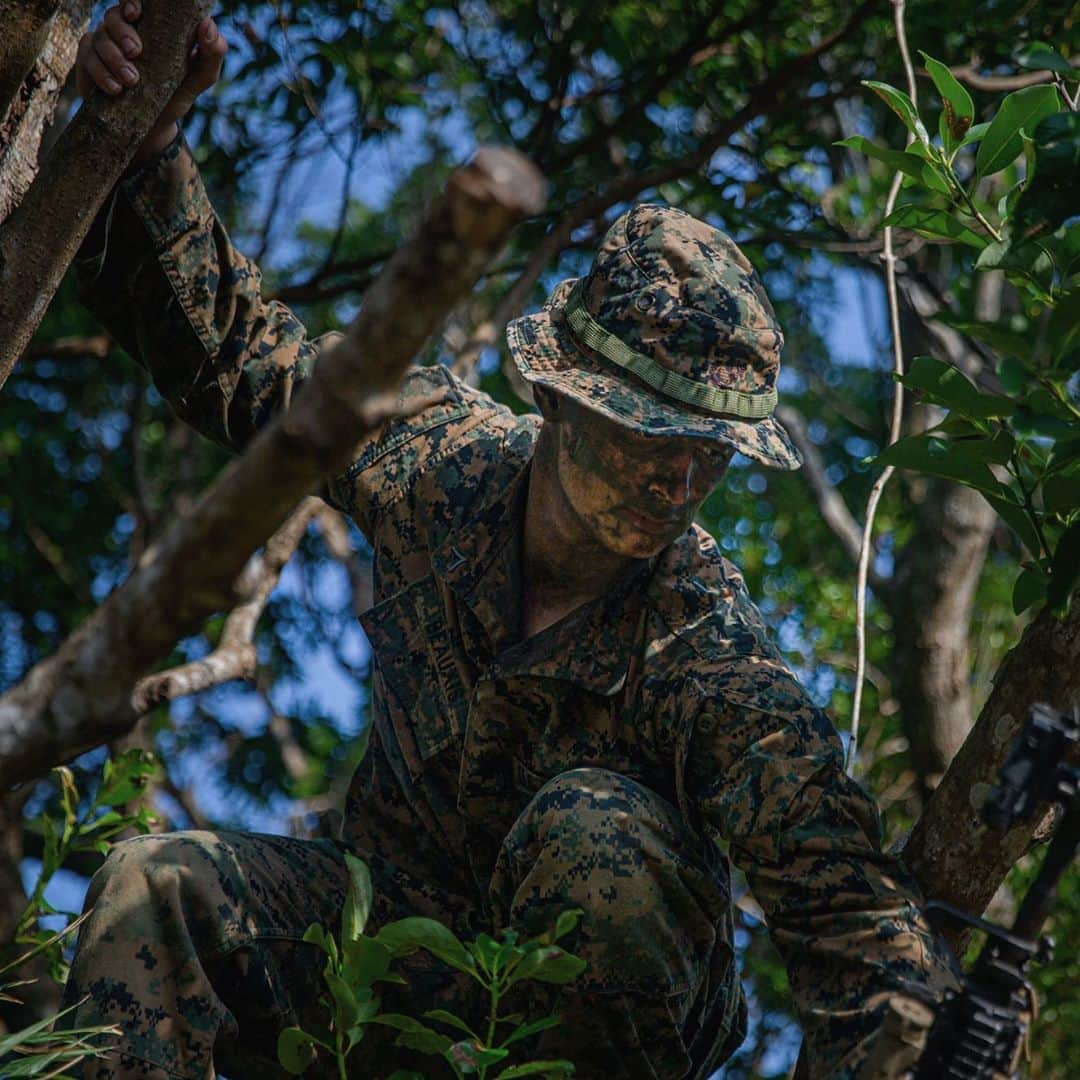 アメリカ海兵隊さんのインスタグラム写真 - (アメリカ海兵隊Instagram)「Devil in Disguise   Lance Cpl. Ben Beauxis, an infantry mortarman with 1st Battalion, 3rd Marine Regiment, attached to @3dmardiv, maneuvers into position to get a better field of vision at Camp Hansen, Okinawa, Japan, during the tactical small unit leaders course.   The training provided an opportunity for noncommissioned officers to increase their proficiency as leaders in the harsh jungle environment. (U.S. Marine Corps photo by Lance Cpl. Alex Fairchild)  #Marines #USMC #Military #Camouflage」10月12日 1時25分 - marines