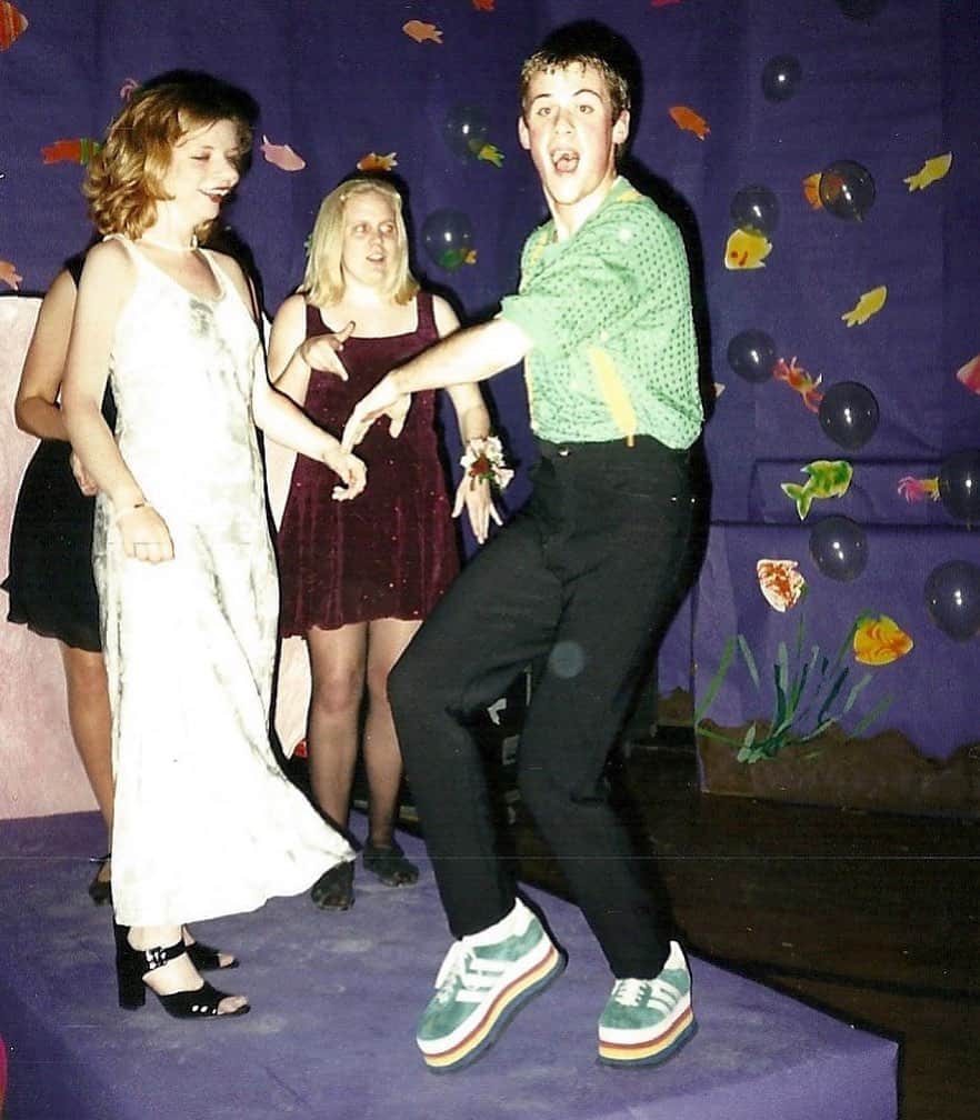 のインスタグラム：「Here I am at a high school dance in my green sequined tee I found at Goodwill and my custom platform sneakers I had made. I very rarely went to high school dances because I was bullied so much but at some point I said F it and went and turned it out! It was around this time that I came out. Everyone has their own journey. Everyone has their own story. Do it when you are ready. For me it was life changing. Happy #nationalcomingoutday! 🏳️‍🌈 You are loved!」