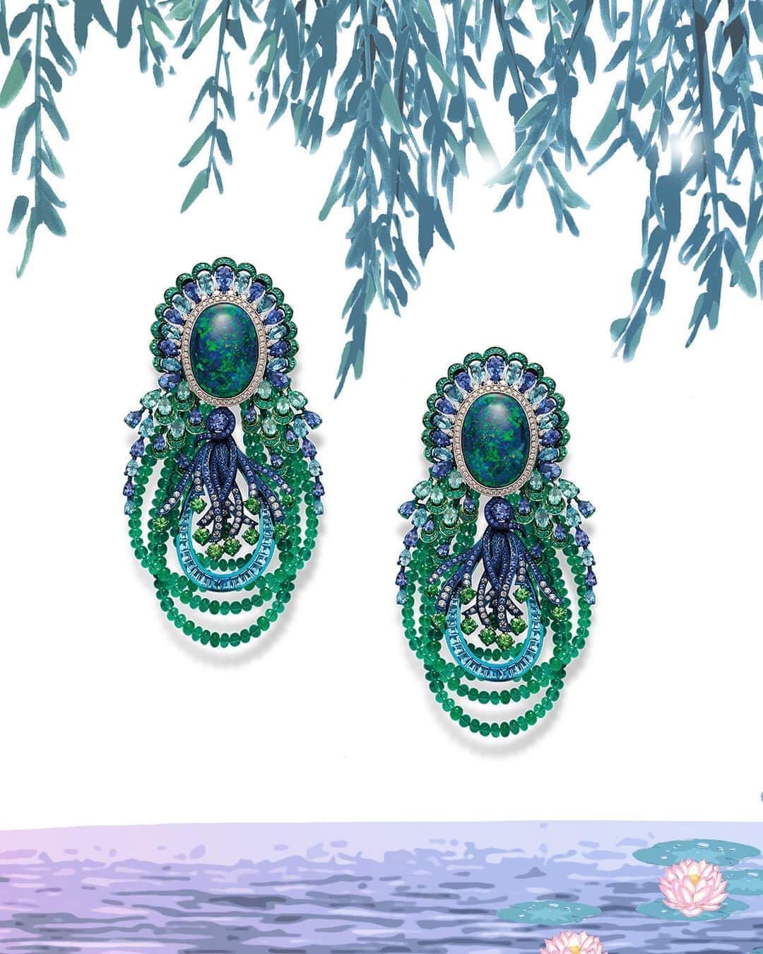 のインスタグラム：「Make way for your inner goddess and plunge your admirers further into devotion with these shimmering black opal and emerald earrings from the Red Carpet Collection 2020. #chopardhautejoaillerie Illustration by @meganhess_official」