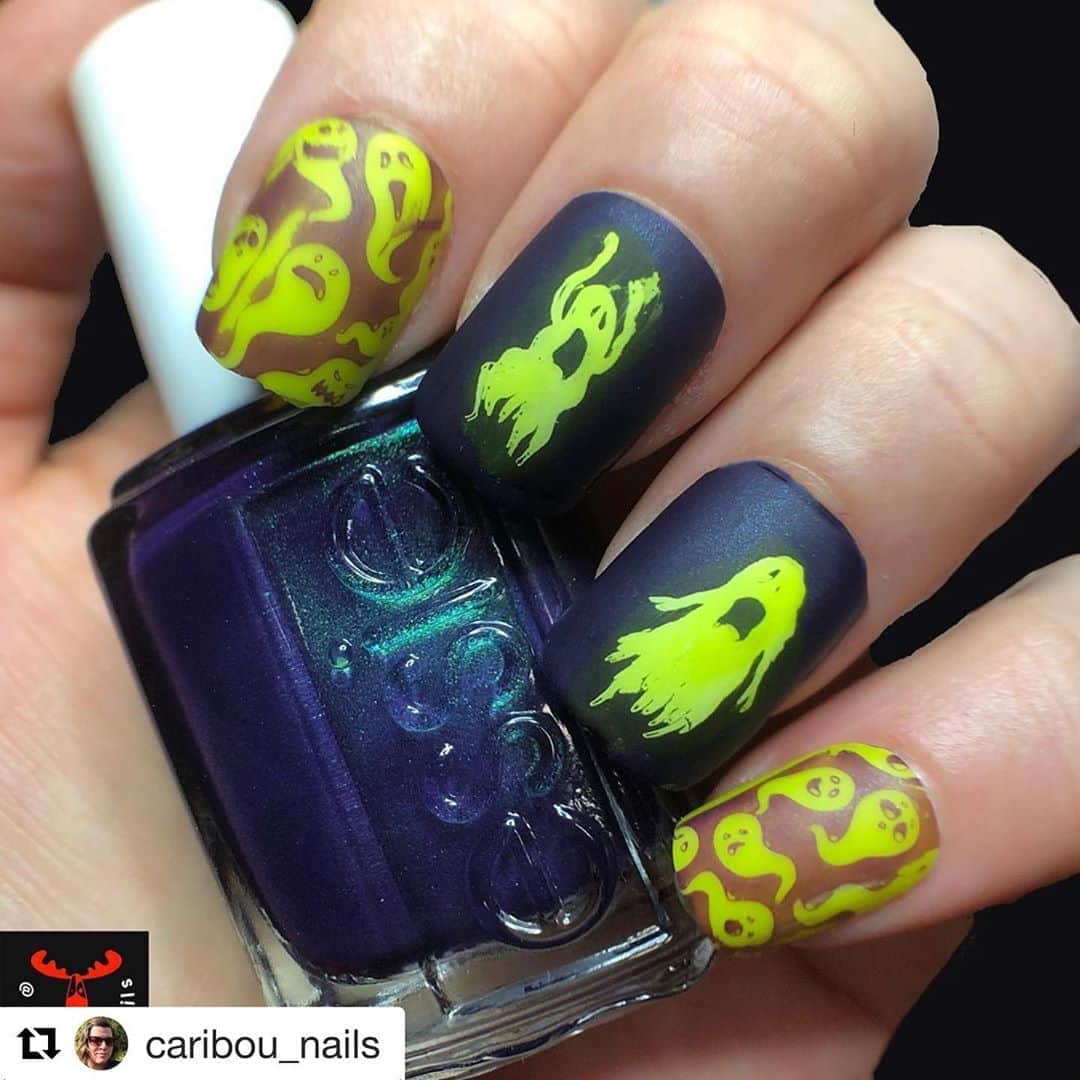 Nail Designsさんのインスタグラム写真 - (Nail DesignsInstagram)「Credit: @caribou_nails  ・・・ Neon ghosts for @glamnailschallenge    #glamnailschallengeoct    • • • @essie Dressed to the nineties  Stencil me in • @orly Defense  Matte top coat  • @whatsupnails  Quick dry top coat  Blancmy mind • @bornprettystore @nicolediaryofficial Plate L12 Save 10% MBM10 • @creativeshopstamping  Plate 148  • • •  #essie #essielove #ghosts #nailsofinstagram #mattemani #october #halloween #bornprettystamping #whatsupnails #nailspafeature #stampingnailart #bornprettystore #orly #nails2020 #nailsofinsta #nailstoinspire #instanailstyle  #explorepage #repost #nails #nailitdaily #nailpromote #nicolediary #creativeshop #caribounails  #ghostsnails #neon #boo #boos」10月12日 9時47分 - nailartfeature