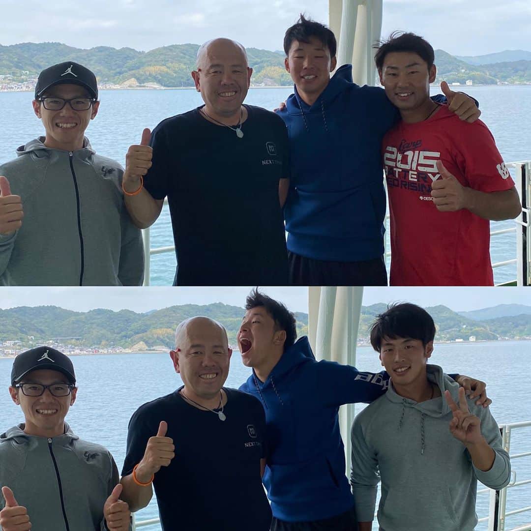 小田幸平のインスタグラム：「今日は筑後へソフトバンク3軍と試合❗️7時間30分移動。八幡浜港〜臼杵港〜筑後スタジアム🏟18時プレイボール⚾️フェリーの中選手と📷パシャ上と下の間違え探し❗️（福田なめてる）#愛媛マンダリンパイレーツ#ソフトバンク3軍#タマホームスタジアム筑後#八幡浜港#臼杵港#フェリー #はげch#中日ドラゴンズ#読売ジャイアンツ」