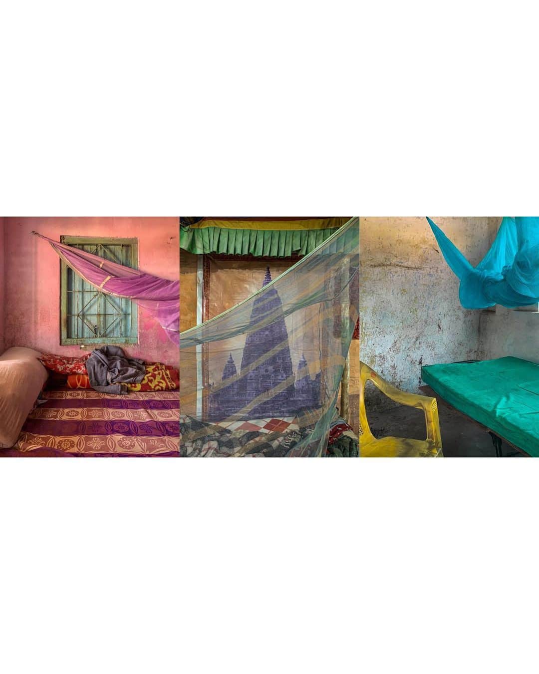 ジョン・スタンメイヤーさんのインスタグラム写真 - (ジョン・スタンメイヤーInstagram)「There was no intent nor conscious decision for creating triptychs in India last year. It happened. In need to detach, the insignificant moments, these nothing specials become substance for understanding the story. Why this evening is mosquito bed nets is the unimportance. No more than existing, these little poems appear. Inside a building at a brick factory near Dhubri, Assam, I could hardly keep attention while talking to the manager. Distracted by a sweet twirled pink net over a bed, for whatever reason, was inside his office. Weeks earlier in Bodh Gaya, Bihar, tucked away, was a sleepy area inside a Tibetan dhaba. Over the bed was a beautiful fading green one, draped before a Mahabodhi temple mural where Buddha achieved enlightenment. And many days after, I walked into a security post by the gate at a hotel we stayed in Nagrakata, West Bengal. How amazingly colorful could a small room with only three objects be, so gently was everything placed. ⠀⠀⠀⠀⠀⠀⠀ India’s Daunting Challenge: There’s Water Everywhere, And Nowhere - Chapter 8 of the @outofedenwalk, my latest story in the August 2020 of @natgeo magazine. ⠀⠀⠀⠀⠀⠀⠀ #triptych #nothingspecial #bednetting #mosquitonets #pink #dhubri #assam #green #mahabodhitemple  #bodhgaya #bihar #head #foot #gucci #loafers #nothingspecial #peace #love #nawada #bihar #majuli #assam #blue #nagrakata #westbengal #india @natgeo @outofedenwalk #walkingindia #edenwalk」10月12日 13時56分 - johnstanmeyer