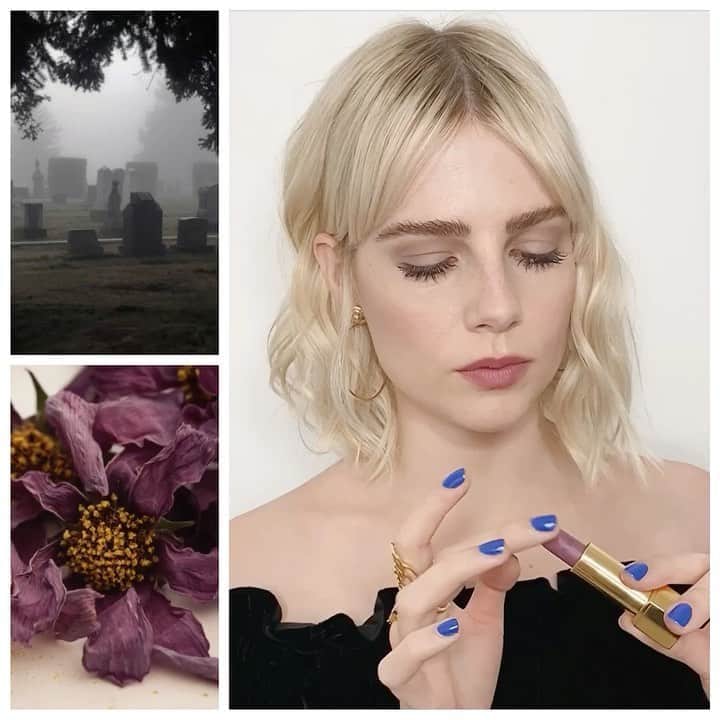 JO BAKERのインスタグラム：「L U C Y • B O Y N T O N 🇬🇧 Barely~there graveyard grey haze lids... with a cool tone moody mauve lip on #lucyboynton  Style @leithclark @chanelofficial  Hair colour @mwselley  Hairstylist @earlsimms2  Makeup by me #jobakermakeupartist using @weleda_usa skin prep and @welovecoco #welovecoco #workingwithchanel #💋  Sometimes I keep limited edition shades for special occasions ... I’m sorry to announce that the  nail colour is #665 #vibrato and the #lipstick is Chanel’s Rouge Allure Velvet Luminous Matte lipstick L’Adoree #ladoree but are both #limitededition shades from my #archive will find a colour alternative and post to stories !! #💋」