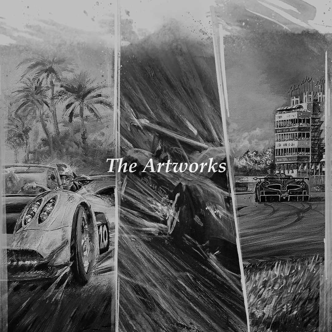 パガーニ・アウトモビリのインスタグラム：「Pagani Automobili presents the new 2021 Calendar: "Arte en la pista."  Canvases of three prominent artists of the Argentinian school of painting, Alfredo De la María, Jorge Ferreyra Basso and José María Villafuerte portray the memorable performance of various past, present and future Pagani Hypercars.  Depending on the painting technique and perspective chosen by the artist, each vehicle is depicted in the form of common passion, pure aesthetics, technological couture or as a tribute to Italy.  The result is an ageless work of art, a treasure trove of beauty for the delight of the beholder.  #pagani #arteenlapista #zonda #zondac12 #zondar #huayra #zondaf #huayrabc #raodsterbc #paganiimola  #2021 #art #artist #calendario #calendar #calendar2021 #paint #painters」