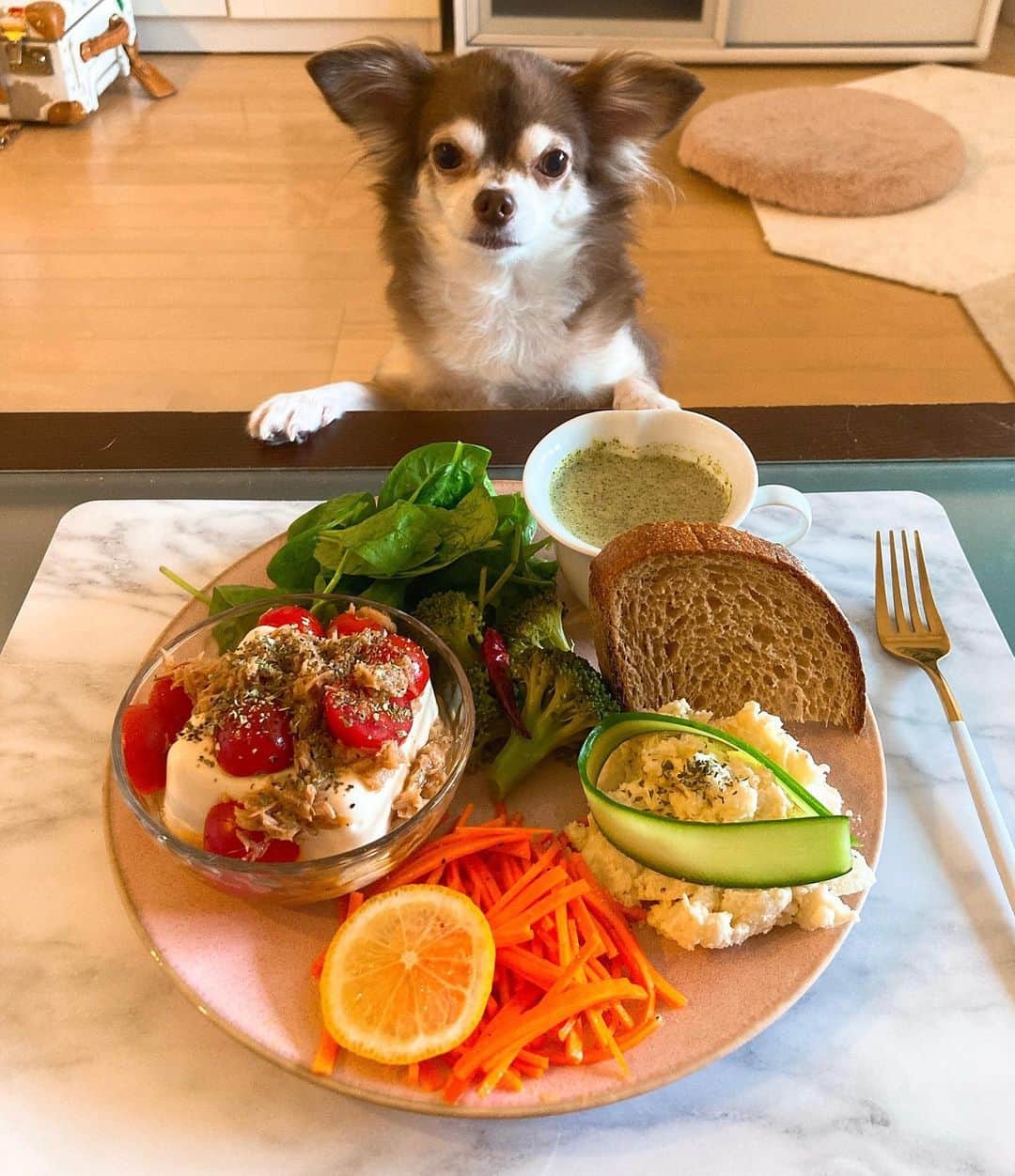 ちほのインスタグラム：「彩りがんばった日🥒 外食以外は引き続きダイエット自炊継続ちゅ。 あと2キロ落とす。よし。 . #ちほキッチン」