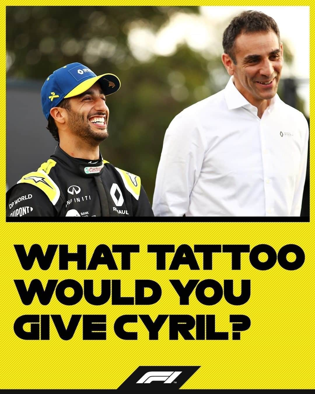 F1さんのインスタグラム写真 - (F1Instagram)「What should @DanielRicciardo go for? 😜⁣ ⁣ After the @renaultf1team driver got a podium, he now gets to choose the design of team boss Cyril Abiteboul's first tattoo 😂⁣ ⁣ #F1 #Formula1 #EifelGP #Renault #Ricciardo」10月12日 20時07分 - f1