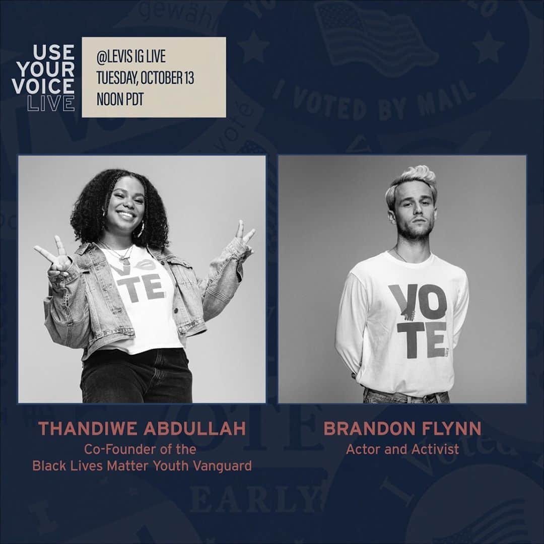 Levi’sさんのインスタグラム写真 - (Levi’sInstagram)「Use Your Voice Live with co-founder of the Black Lives Matter Youth Vanguard, Thandiwe Abdullah, and actor and activist, Brandon Flynn. Tune in tomorrow, October 13th, at 12:00 PM PST to hear Thandiwe and Brandon talking about youth activism and their generation’s pivotal role in this election.」10月13日 9時15分 - levis