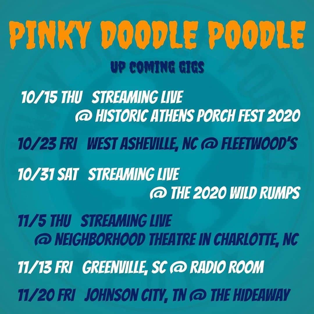 PINKY DOODLE POODLEさんのインスタグラム写真 - (PINKY DOODLE POODLEInstagram)「Live Information Updated!!﻿ ﻿ We have 3 Streaming gigs and 3 gigs at the venue.﻿ ﻿ 10/15 Historic Athens Porch fest 2020 ﻿ https://www.historicathens.com/﻿ ﻿ 10/23 @ FLEETWOOD’S in West Asheville, NC ﻿ ﻿ 10/31 The 2020 WILD RUMPUS﻿ http://www.wildrumpus.org/﻿ ﻿ 11/5 Streaming Live @ Neighborhood Theatre﻿ https://www.neighborhoodtheatre.com/﻿ ﻿ 11/13 @ RADIO ROOM in Greenville, SC ﻿ ﻿ 11/20 @ THE HIDEAWAY in Johnson City, TN﻿ ﻿ Come on!!」10月13日 9時33分 - pinkydoodlepoodle