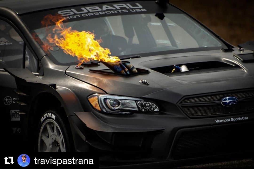 Subaru Rally Team USAさんのインスタグラム写真 - (Subaru Rally Team USAInstagram)「This shot thou!! 🔥POW!🔥  #Repost @travispastrana  ・・・ I asked for a car that could shatter the record at mt washington after this Gymkhana shoot was over but still fly a 200’ gap. It’s the lightest and quickest vehicle I’ve ever driven. @subarumotorsportsusa built this bad ass, high HP, hill climb record shattering capable machine with a rear wing that I can “adjust on the fly”. Tested out a 70mph jump in the rally car first. Even though the #gymkhana car is lighter, I had to hit it 10mph faster to get the same distance. The nose started to drop on my first jump so I hit the rear wing to max and almost looped out!!! @uncleronnie69 had nothing on that flight. A few jumps later and we learned to use the wing and/or hand brake to literally fly my car. Can’t believe how much effect the aero has. It’s been trial and error with speeds because i can’t use simple math. The downforce increases exponentially with speed and this effects the distance of flight.. I’m sure someone is smart enough to figure this out.. but it’s been a lot of fun just sending it and seeing what happens 👍 #iambatman @subaru_usa @yokohamatire @thehoonigans #thanksken #turnrighttogoleft #gonnabeawesome @nitrocircus」10月13日 4時03分 - subarumotorsportsusa