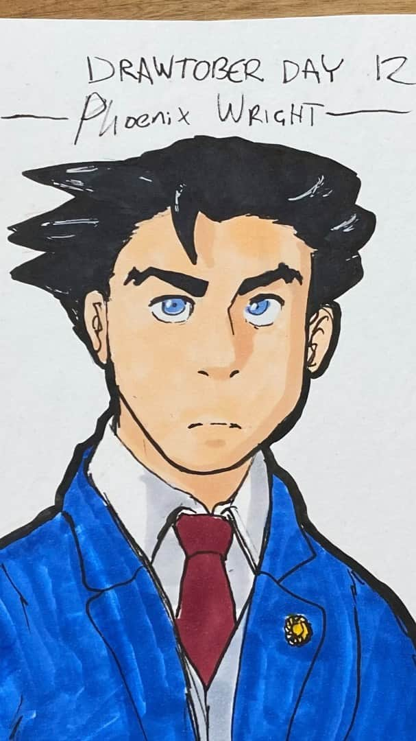 マックス・セットレージのインスタグラム：「Quick and sweet one today! Cut out a lot of gimmicks simply because I ran out of ideas. If anymore come naturally I’ll put them back in haha. Let’s talk about Phoenix Wright. I found this video game series in maybe 2008, and I was on DeviantArt and I found fan art of it. I was obsessed. It takes a concept like Lawyers, and makes it action packed and thrilling and I can’t really explain it but if you have the option to, play Phoenix Wright.  . . . . . . . 🎶: “02. 5” by Christian Bjoerklund #phoenixwright #phoenixwrightaceattorney #drawtober #drawtober2020 #artober #artober2020」