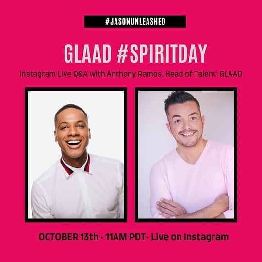 アンソニー・ラモスのインスタグラム：「Excited to chat with @jasoncarterofficial tomorrow at 11am PT about @glaad #SpiritDay which is this Thursday 10/15 💟  This year Spirit Day takes on renewed importance in a school year when many schools, colleges, and universities are not hosting students in-person and when our cultural and political dialogue has grown increasingly divisive. According to recent studies, 7 out of 10 LGBTQ students experience harassment, while 1 in 3 report that they had been physically threatened or harmed in their lifetime due to their LGBTQ identity.  #JasonUnleashed」