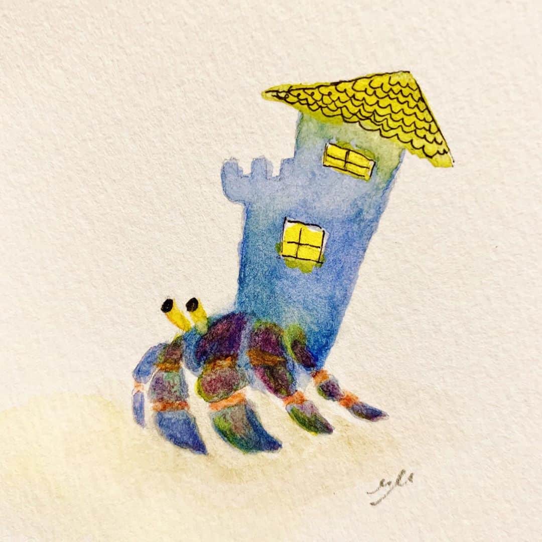 高杉さと美のインスタグラム：「Home🏡  #おうち #家 #ヤドカリ #イラスト #挿絵 #illustration  #home #watercolor #artwork  #original  #michellemira」
