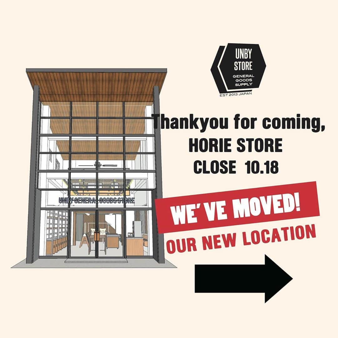 のインスタグラム：「"堀江店、お引っ越しします！"  UNBYのお膝元、大阪に路面店をオープンさせて約５年。 もっとパワーアップしてUNBYアイテムをお届けする為に、住み慣れた堀江からUNBYは、お引っ越しいたします。 キャンプアイテムをご覧になりたい方は箕面店へどうぞ！UNBYらしいセレクトのアウトドアアイテムを所狭しと並べます。 街中でぱっとご覧になりたい方は心斎橋PARCO店へ。シックなアイテムやオンオフに使いやすいアイテムを取り揃えてお待ちしています。 UNBYをより身近に、もっと深くお伝えするためにがんばって参ります！ どうぞお楽しみに。 堀江店舗は10月18日まで営業致します。来店いただいたアプリ会員様、UNBY SNSのフォロワーさまにはスペシャルステッカーをプレゼント！ どうぞスタッフまでお声がけくださいませ。  👇UNBY GENERAL GOODS STORE 堀江  10.18日CLOSE20時まで営業  👇UNBY GENERAL GOODS STORE 箕面　 10.31日10:00 OPEN  👇UNBY GENERAL GOODS STORE 心斎橋PARCO  11.20日10:00 OPEN  . . . . . #unby #unbygeneralgoodsstore  #心斎橋parco  #みのおキューズモール」