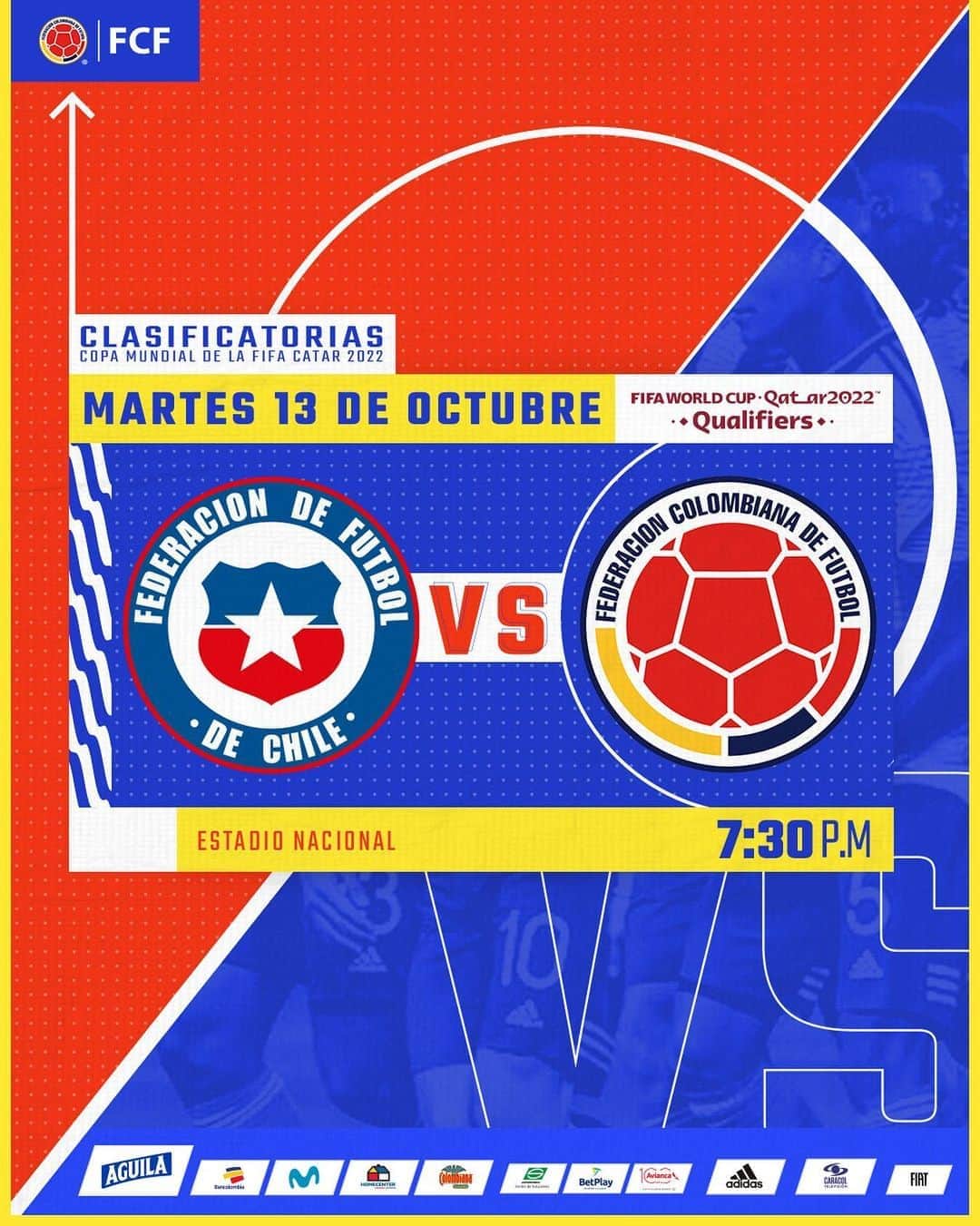 サッカー コロンビア代表チームのインスタグラム：「¡Todos a alentar a nuestra Selección! 🙌  Seguimos nuestro camino hacia la Copa Mundial de la FIFA Catar 2022 🇶🇦  🆚 🇨🇱 @laroja  🏆 Clasificatorias Copa Mundial de la FIFA 🕡 7:30 p.m. 🏟 Nacional 📺 @golcaracol   #VamosColombia🇨🇴」
