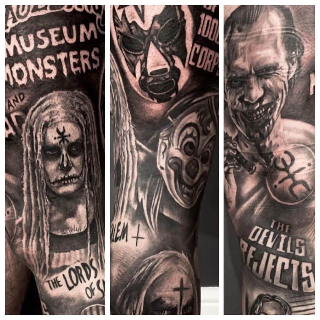 ロブ・ゾンビのインスタグラム：「TATTOO TUESDAY IN THE HOUSE! Check out all the forever art lurking out there in Instagram land! If you see your work or your tattoo be sure to post about it in the comments. #tattootuesday #robzombie #sherimoonzombie #3fromhell #thedevilsrejects #doomhead #31 #halloween #billmoseley #sidhaig #drsatan #captianspaulding #thelordsofsalem」