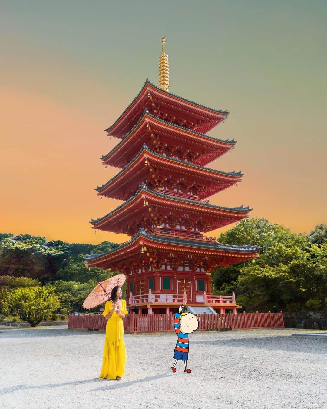 Osaka Bob（大阪観光局公式キャラクター）さんのインスタグラム写真 - (Osaka Bob（大阪観光局公式キャラクター）Instagram)「Ganshoji Temple in Tondabayashi is even more beautiful at sunset😄  願昭寺の五重塔は夕焼け時に撮影すると雰囲気たっぷりでカッコイイで♪朱色の塔と赤色に染まった空が良い感じ～	  ————————————————————— #maido #withOsakaBob #OSAKA #osakatrip #japan #nihon #OsakaJapan #大坂 #오사카 #大阪 #Оsака #Осака #โอซาก้า  #五重塔　#願昭寺#ganshojitemple #osakatemple #大阪観光　#sightseeing」10月13日 21時56分 - maido_osaka_bob