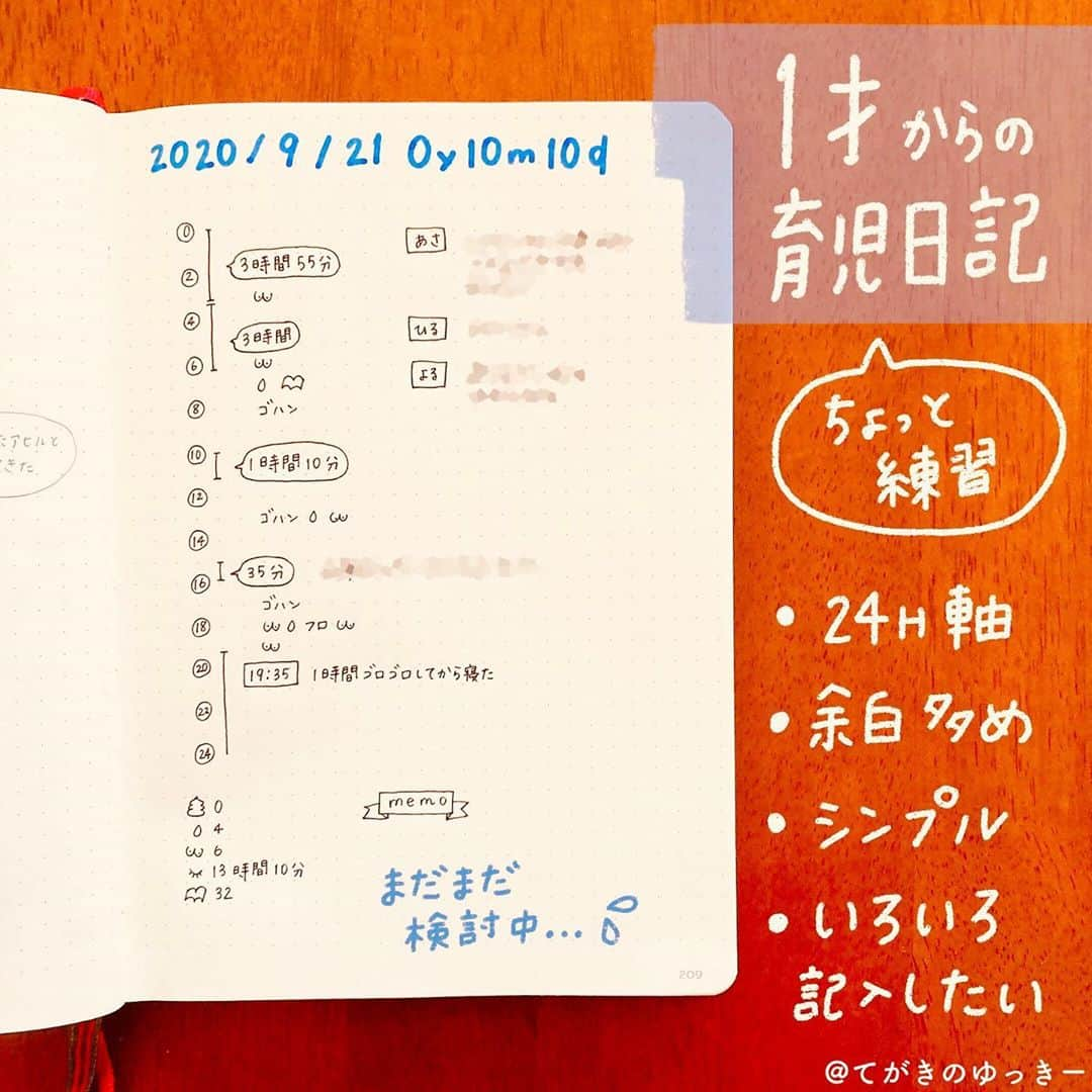 てがきのゆっきー さんのインスタグラム写真 - (てがきのゆっきー Instagram)「.﻿ ﻿ #てがきジャーナル ﻿ 来月からの育児日記の練習👏﻿ （内容は適当です！）﻿ ﻿ いきなり書き始める自信がなくて﻿ ちょっと練習してみました。﻿ （これ5回目くらいの練習🤣）﻿ ﻿ 書き始めながら定まっていけば良いやって﻿ 思っていつもは手帳書いているんだけど﻿ 育児日記はなんか失敗したくない気持ちが…！﻿ ﻿ いつも詰めて書いちゃうので﻿ 余白多めにして読み返しやすいように🐢﻿ ﻿ 時間軸はちょっと要改善だな…﻿ なんで◯しちゃったのかよくわからない😂﻿ ﻿ でもこんな感じで書く！って﻿ 決まってよかったです✨﻿ 来月の息子の誕生日から始めます！﻿ イチからてがきの育児日記✍️﻿ ﻿ #ロイヒトトゥルム #ロイヒトトゥルム1917 #育児日記 #育児記録 #育児日記帳 #育児を楽しむ #育児手帳 #育児ダイアリー #育児ノート #子育て記録 #子育て日記 #子育てノート #子育てダイアリー #子育て手帳 #手帳の中身 #手帳術 #手帳の使い方 #手帳時間 #手帳の書き方 #手帳のある生活 #手帳が好き #iPad芸人 #わたしと手帳とipad #手書き加工 #手書き文字 #手書き手帳 #手書き日記 #手書きノート #バレットジャーナル」10月13日 22時17分 - tegakinoyuki