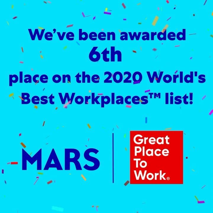 Marsのインスタグラム：「We’re honored to be ranked #6 on the 2020 #WorldsBestWorkplaces list by @GPTW_US. We've worked through unprecedented challenges this year, but resilience, hope and the care we have for each other have shone through. Thank you to all of our Associates around the world for your passion in helping build a better world for tomorrow. See link in our bio. ​ #ProudlyMars #TomorrowStartsToday」