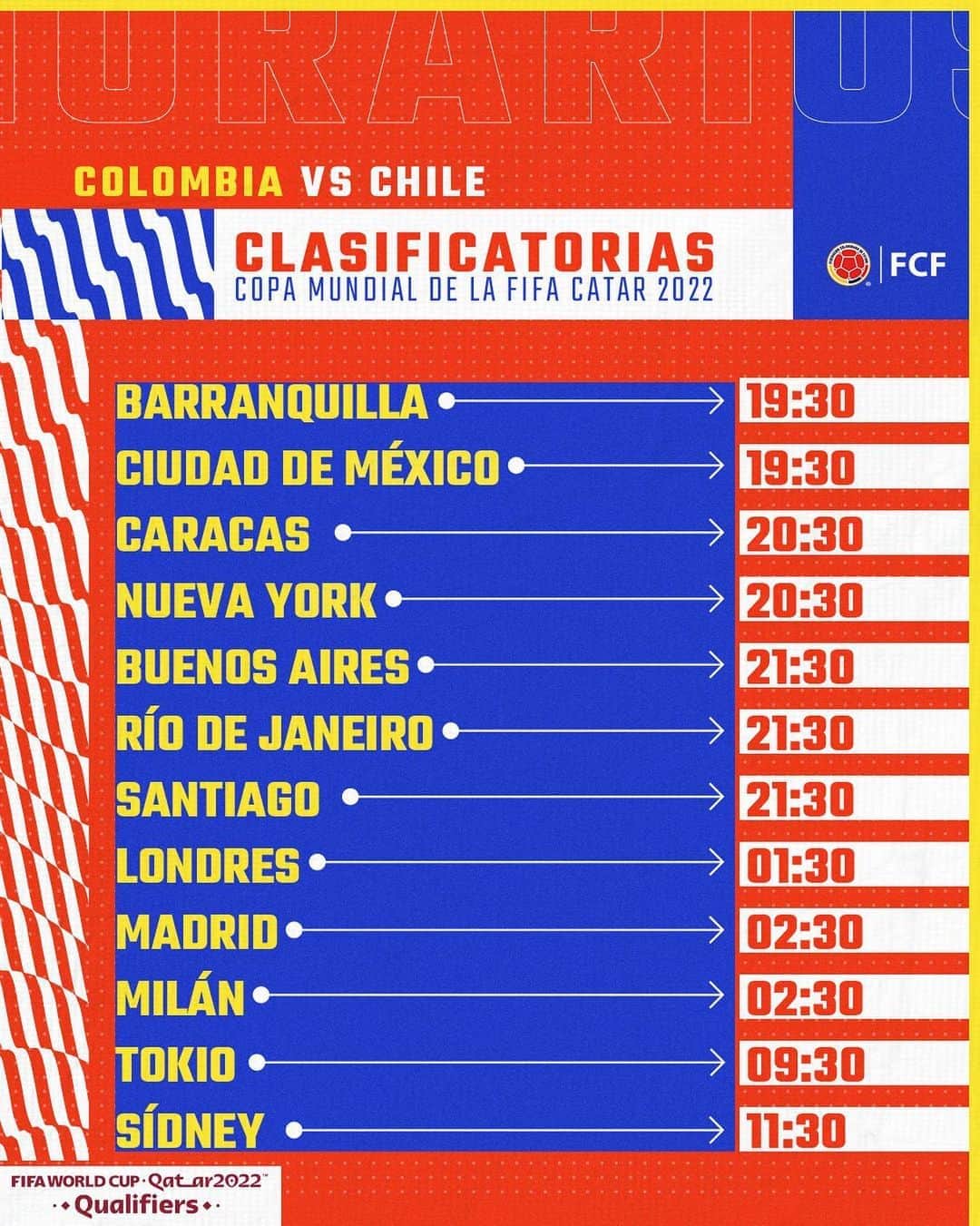 サッカー コロンビア代表チームのインスタグラム：「¿Ya estás agendado? 🗓  Desde cualquier lugar del mundo 🌎 puedes apoyar a la Selección Colombia 🇨🇴 en su segundo partido por las Clasificatorias a la Copa Mundial de la FIFA Catar 2022  Estos son los horarios del partido 🆚🇨🇱 👇🏼  #VamosColombia 🇨🇴」