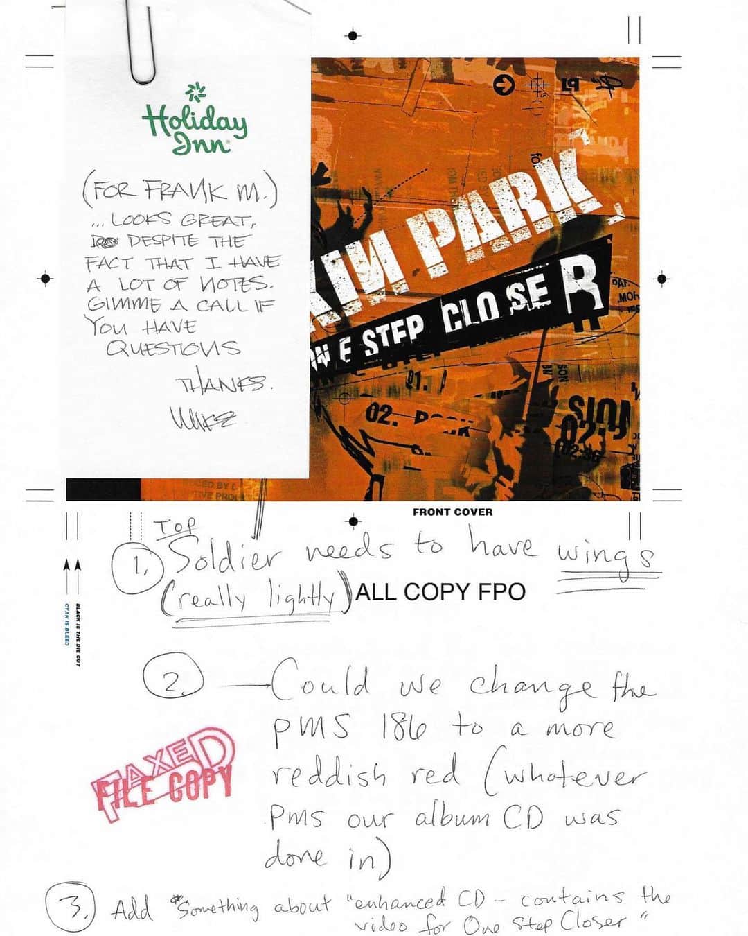 リンキン・パークのインスタグラム：「From the archives: @m_shinoda’s  notes on the One Step Closer single cover from 20 years ago to @frankmaddocks.   Stream/Download #HybridTheory20  lprk.co/ht20」