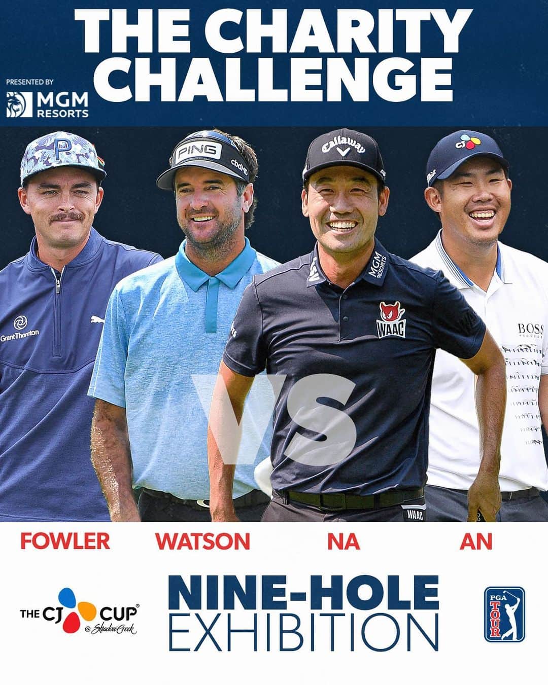 のインスタグラム：「It’s ON NA-AN!! Watch tomorrow’s 9-hole Charity Challenge @thecjcup benefitting #shrinershospital #mgmfoundation. Me & @rickiefowler VS. @kevinna915 & @benan0917... this should get interesting!! See it live 5-7pm ET on @golfchannel @golftv @pgatour LIVE 👀 #charitychallenge #thecjcup」