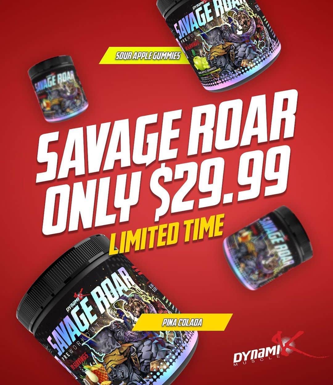 カイ・グリーンのインスタグラム：「🔥29.99 SAVAGE ROAR‼️ Get our #1 Selling Pre-Workout Savage Roar for only $29.99!! If you are looking to step your game up and experience that ultimate muscle fullness then now is the time to give this product a try🔺Link in bio .. 🔥$29.99 ANY FLAVOR 🍏Sour Apple Gummies 🍉Wild Watermelon 🥥Pina Colada 🍋Citrus Freeze .. 💥Go check it out right now on dynamikmuscle. com」