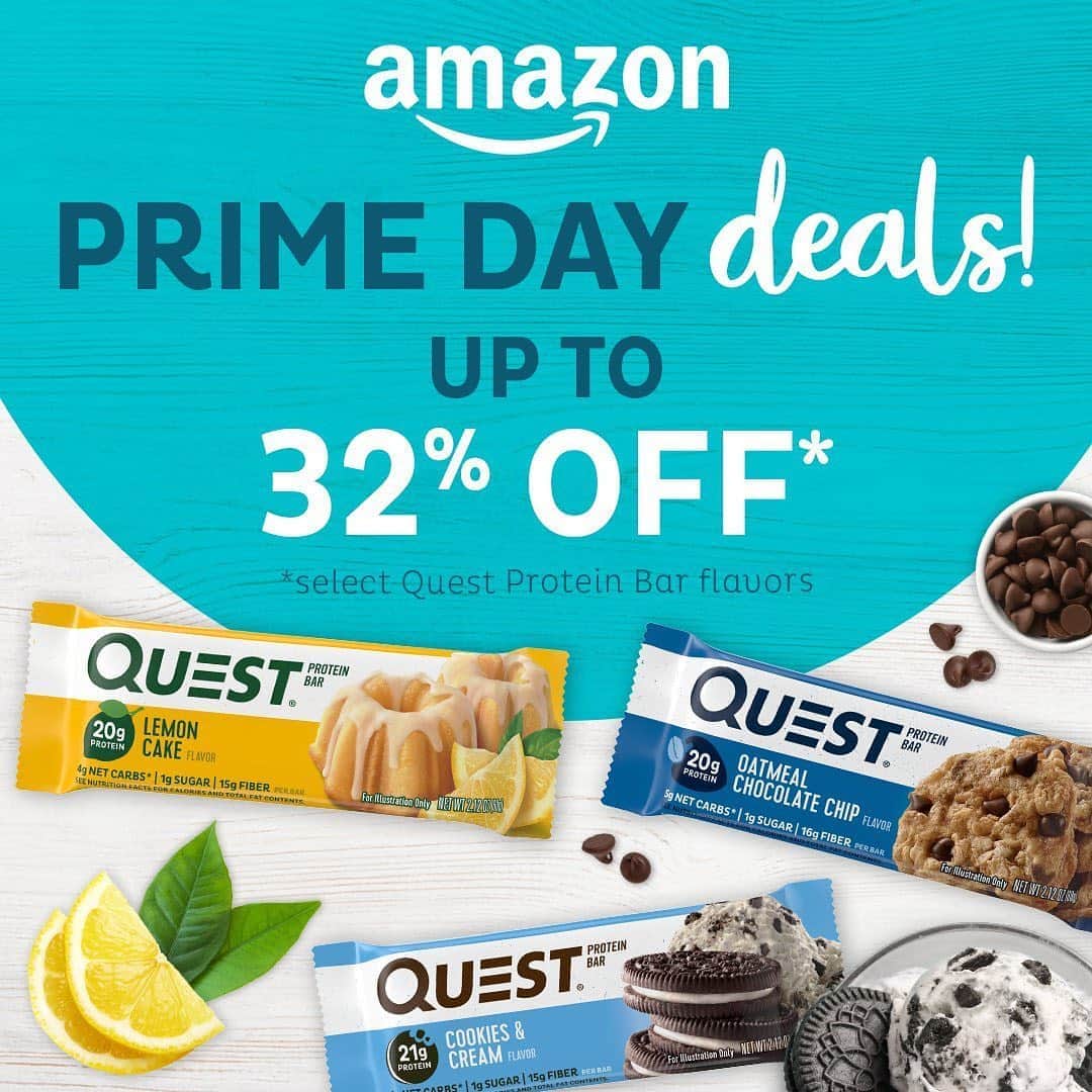 questnutritionさんのインスタグラム写真 - (questnutritionInstagram)「It’s #PrimeDay! 🤩 Get up to 32% off on Cookies & Cream, Oatmeal Chocolate Chip, & Lemon Cake #QuestBars - TODAY & TOMORROW ONLY! Go go go! 🙌💙😊 #onaquest #questnutrition #questbar」10月14日 3時02分 - questnutrition