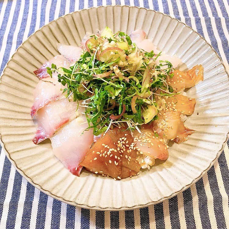 相沢あいのインスタグラム：「#ふるさと納税 のお魚定期便、今月は #シマアジ が届いたので、漬けと #昆布締め と刺身に。昆布締めは昆布で巻かず、昆布茶をまぶして寝かせただけ。身が締まって昆布の旨味がギュギュッと詰まった昆布締めは、お寿司屋さんでしか食べられないと思ってたよ…！ _  #相沢ごはん #自炊 #自炊記録 #手料理 #手料理グラム #料理 #料理記録 #料理写真 #food #foodstagram #foodpic #foodphotography #foodpics #cooking #cookingram #selfcooking #selfcooked #selfcook #cookingathome #おうちごはん #海鮮丼 #しまあじ #ふるさと納税返礼品 #つまサラダ」