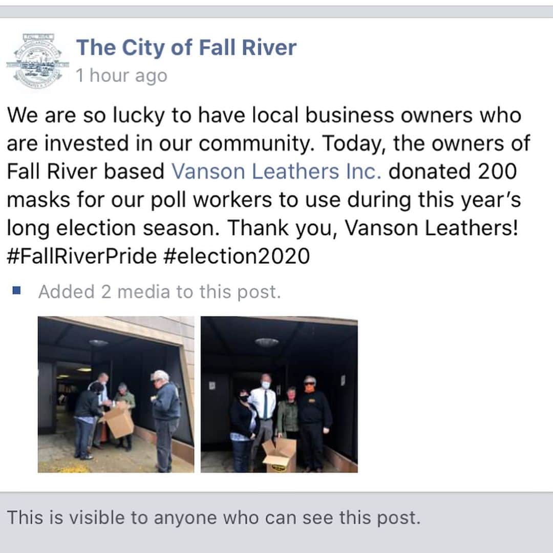 バンソンさんのインスタグラム写真 - (バンソンInstagram)「Giving back to the community! #fallriver #masks #covid_19 #maskon #vanson #vansonleathers #donation #pollworkers」10月14日 5時21分 - vansonleathers