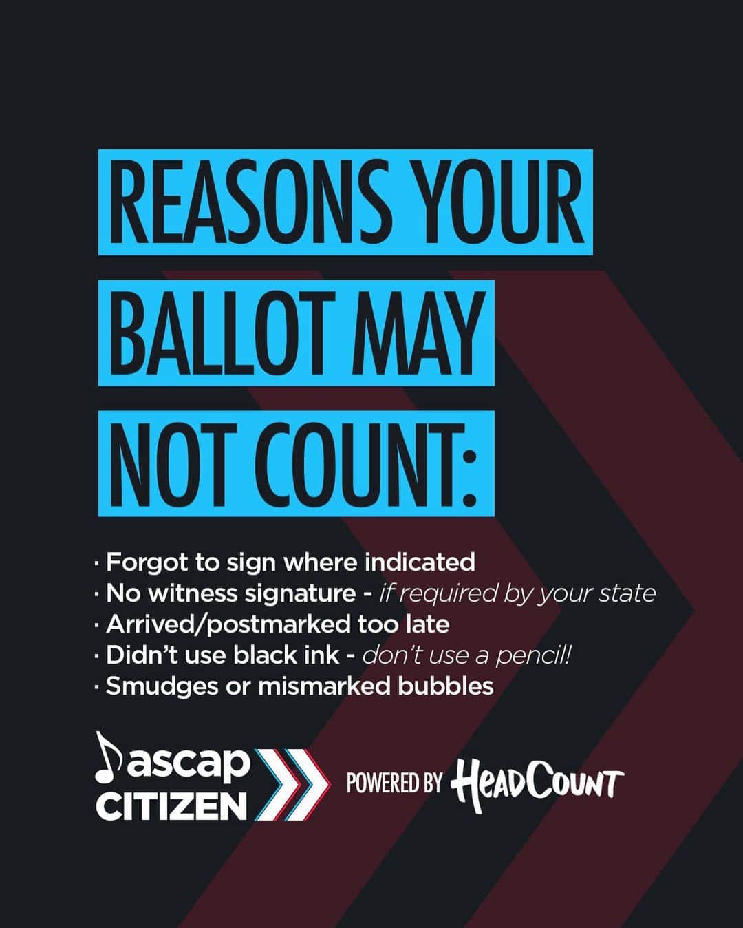 ASCAPさんのインスタグラム写真 - (ASCAPInstagram)「Ballots can be rejected if they are missing a signature, filled out improperly, or if it arrives late. If you're voting by mail this election, study up on what it takes in your state to make sure your voice is heard. Learn more at the #MakeYourVoteCount link in our bio. #ASCAPCitizen @headcountorg」10月14日 6時04分 - ascap