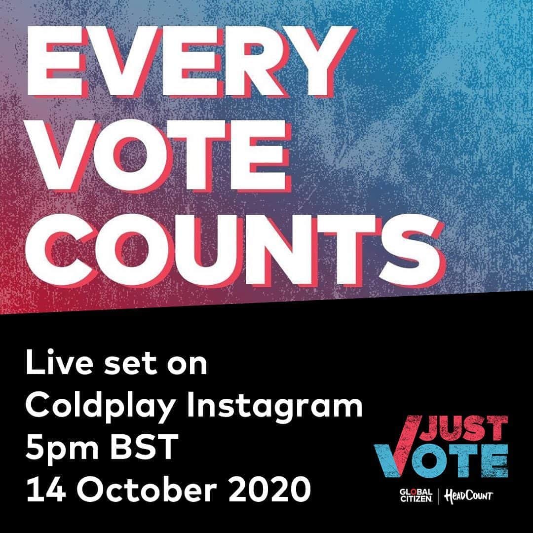 Coldplayのインスタグラム：「Hello everyone, we’re playing a short live set on our Instagram tomorrow at 5pm BST (6pm CET / 12pm ET / 9am PT) in support of @glblctzn’s Every Vote Counts campaign. Hope to see you there. Love c, g, w & j #everyvotecounts」