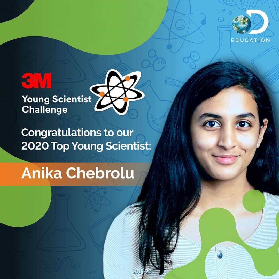 のインスタグラム：「Congratulations to Anika Chebrolu, America's Top #YoungScientist of 2020! Click the link in bio to learn more about her winning 3M @discoveryed Young Scientist Challenge invention. 🧫🦠🧪」
