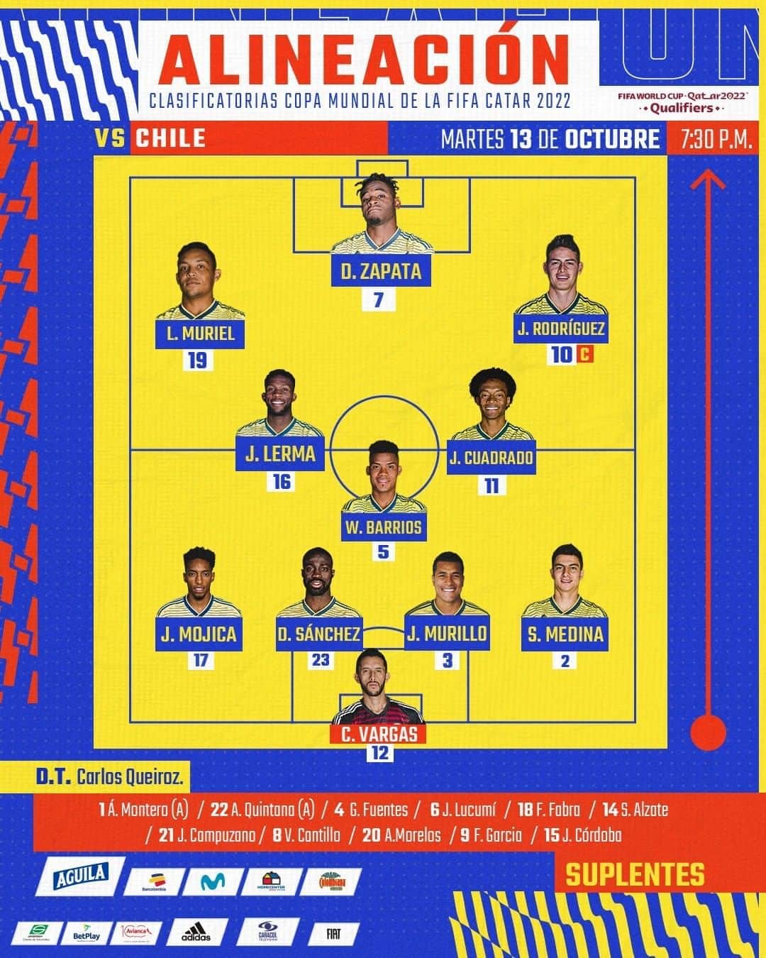 サッカー コロンビア代表チームのインスタグラム：「🚨 ¡ATENCIÓN! estos son los 11 titulares que se enfrentarán a @laroja   ¡Vamos muchachos!  #VamosColombia 🇨🇴 #CHICOL」
