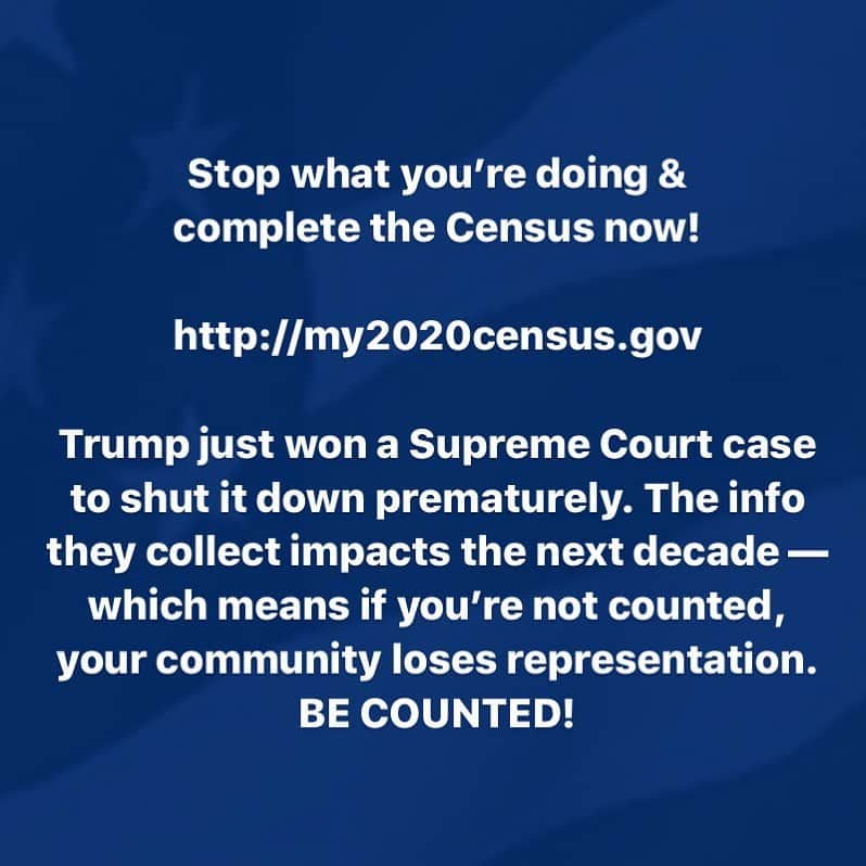 ミーシャ・コリンズさんのインスタグラム写真 - (ミーシャ・コリンズInstagram)「🚨Stop what you’re doing & complete the Census now! 🚨  http://my2020census.gov  Trump just won a Supreme Court case to shut it down prematurely. The info they collect impacts the next decade — which means if you’re not counted, your community loses representation. BE COUNTED!」10月14日 8時57分 - misha