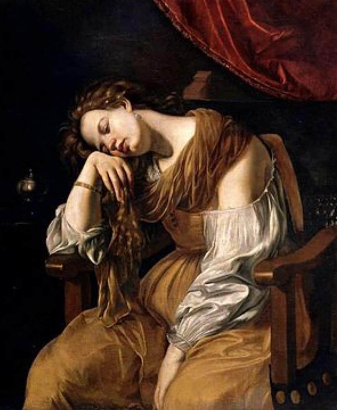 トームさんのインスタグラム写真 - (トームInstagram)「Mary Magdalene as Melancholy is a 1622–1625 painting by #ArtemisiaGentileschi, showing Mary Magdalene as a personification of Melancholia. It is now in the #MuseoSoumaya in Mexico City. . For those who follow this page religiously (Geddit?!) you will know I have posted this before, and of my #Gentileschi obsession. I saw her again today @elmuseosoumaya and was just as moved as the first time last December. Of course I cannot wait to see her show at the @nationalgallery #London @thegreatwomenartists  .  It is an autograph copy of Penitent Magdalene by the artist now in the Treasury of Seville Cathedral, although X-ray examination has shown that the fabric on the saint's shoulder is wider in the Seville version and was probably added later to fit with the canons of the Catholic Church. This has also demonstrated that the two faces are different - the Mexico City version seems to be a self-portrait by comparison with Judith Slaying Holofernes and Cleopatra - and that there are corrections in the brushstrokes in the Seville version but not in the Mexico City variant. . #artmadebywomen #feministart」10月14日 9時30分 - tomenyc