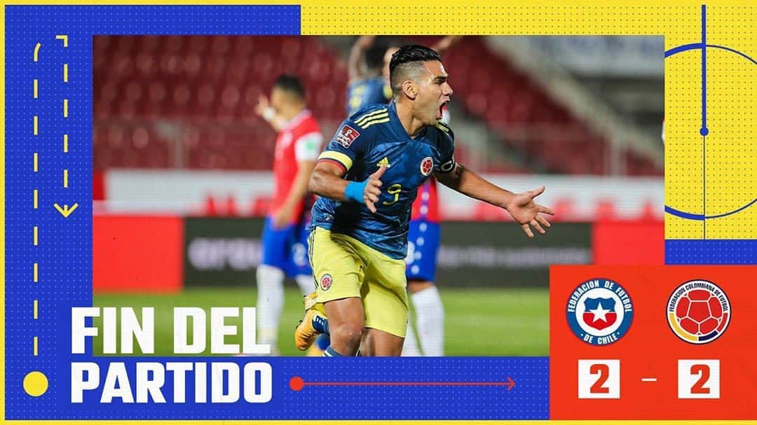 サッカー コロンビア代表チームのインスタグラム：「⏱ 90 + 5'  Termina el partido  🇨🇱2⃣-2⃣🇨🇴   #VamosColombia 🇨🇴 #CHICOL」